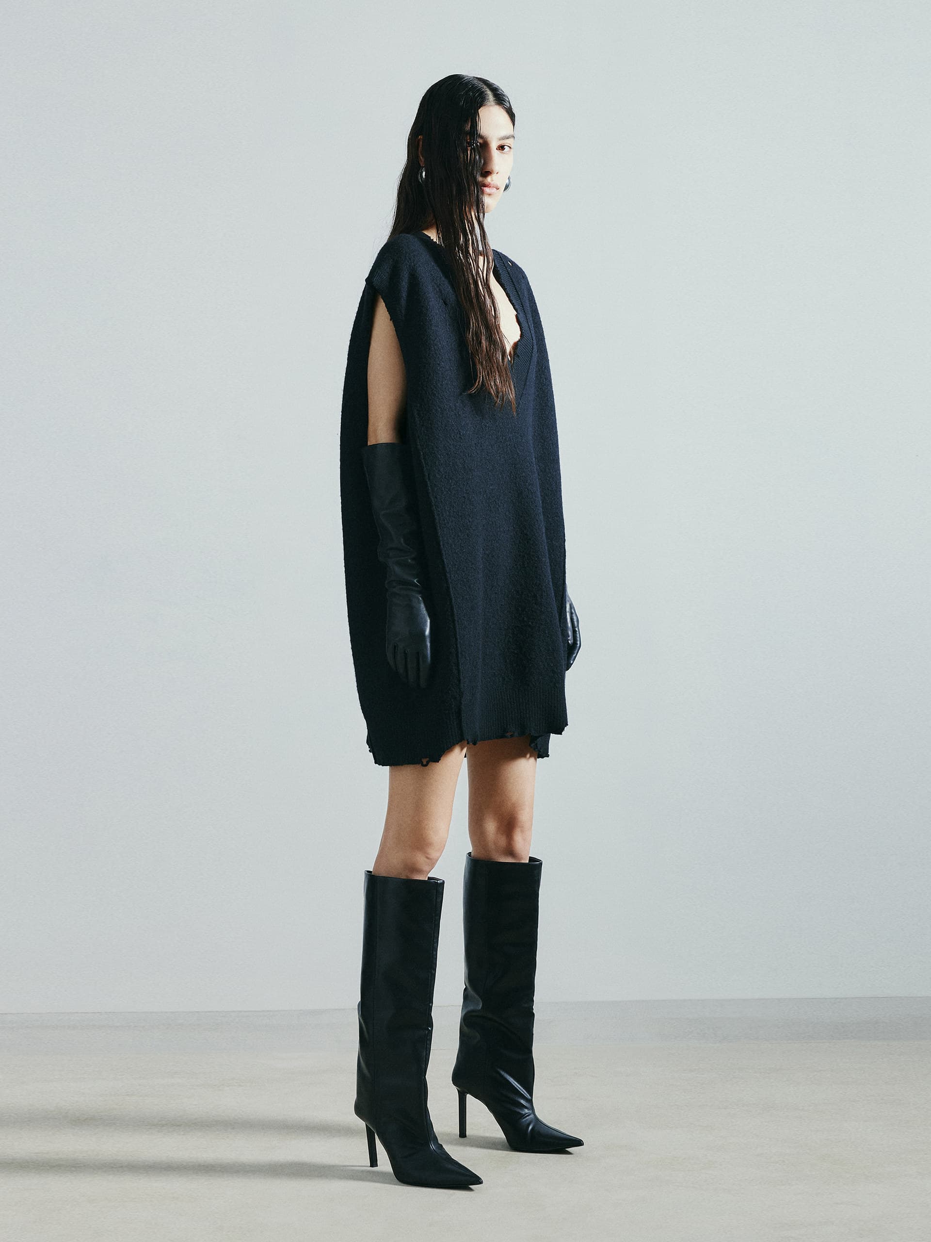 MO&Co. Noir Collection Women's Pure Wool V-neck Tank Knit Dress with Distressed detailing