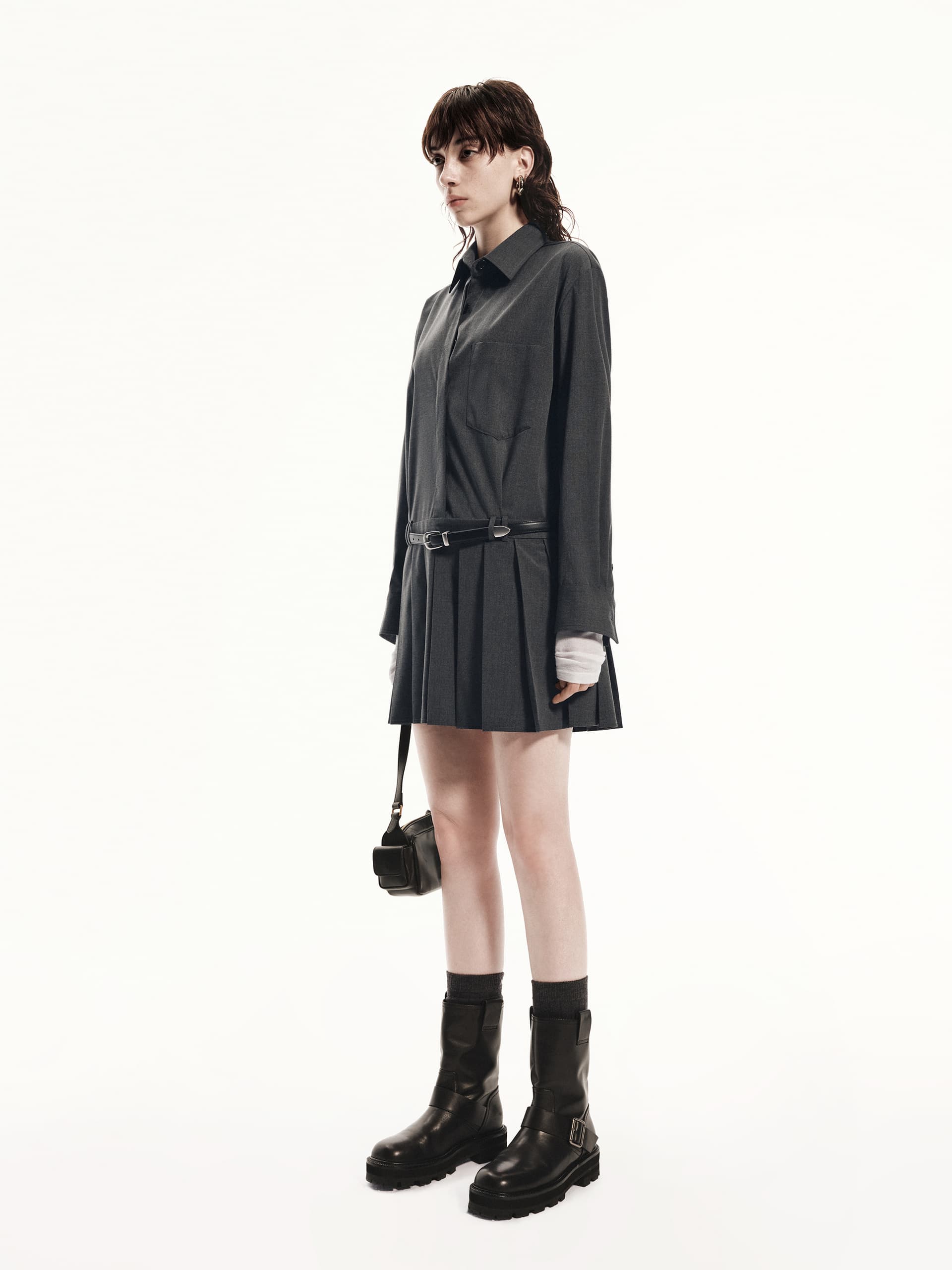 MO&Co. Women's Long Sleeves Pleated Mini Shirt Dress Preppy Core Style