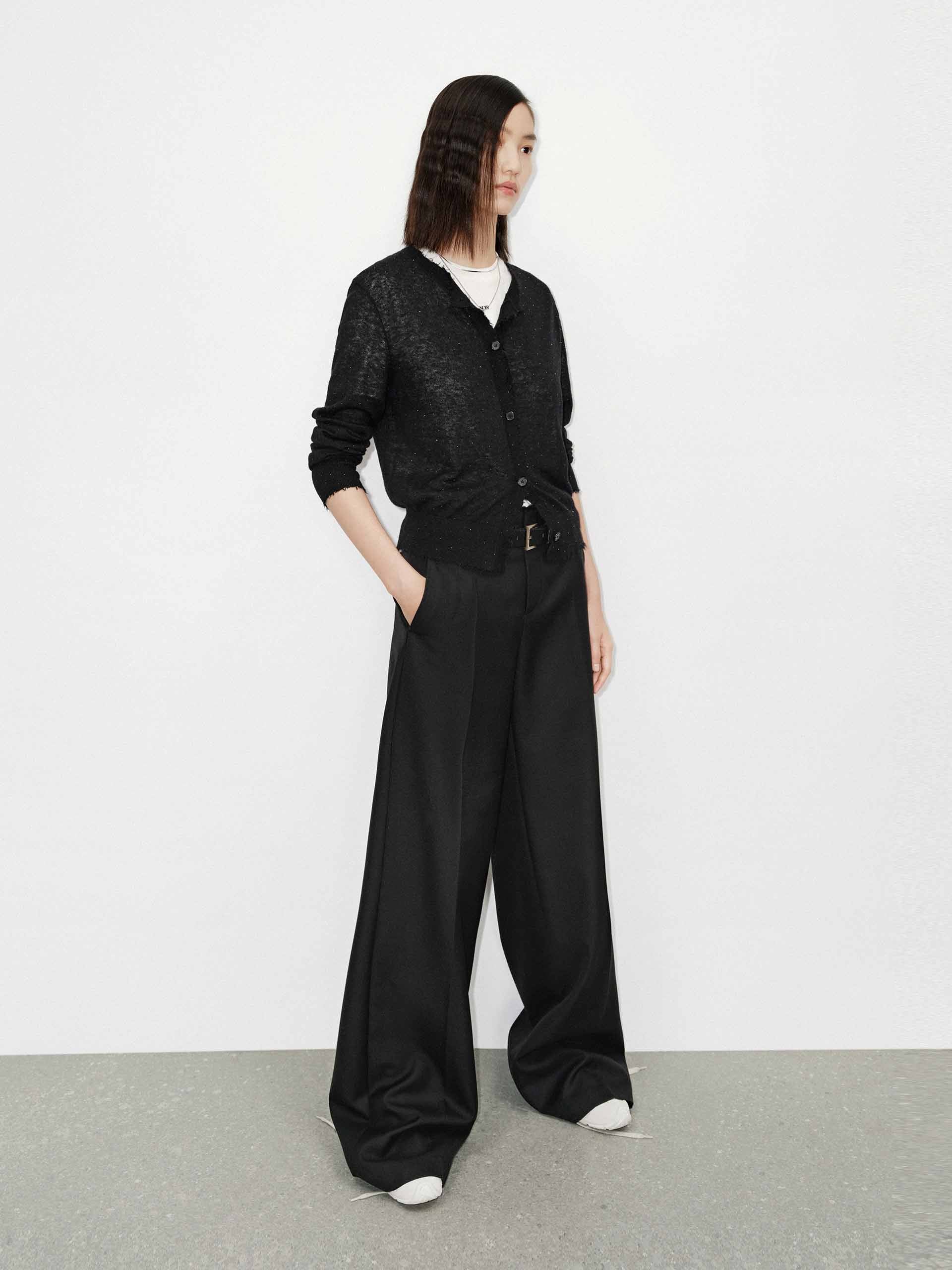 MO&Co. Women's Raw Trim Detail Alpaca fleece and Wool Blend Knit Cardigan in Black with Rhinestone Details