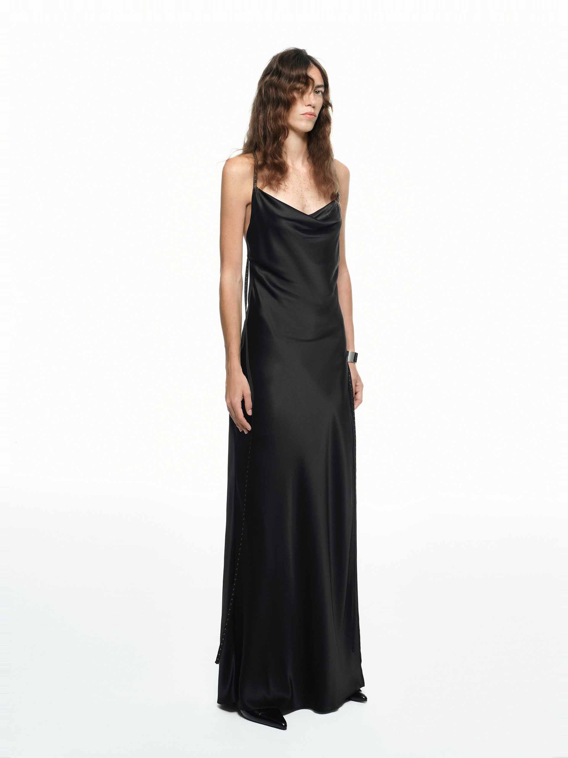 MO&Co. Women's Silk Backless Spaghetti Black Maxi Dress Slit Detail