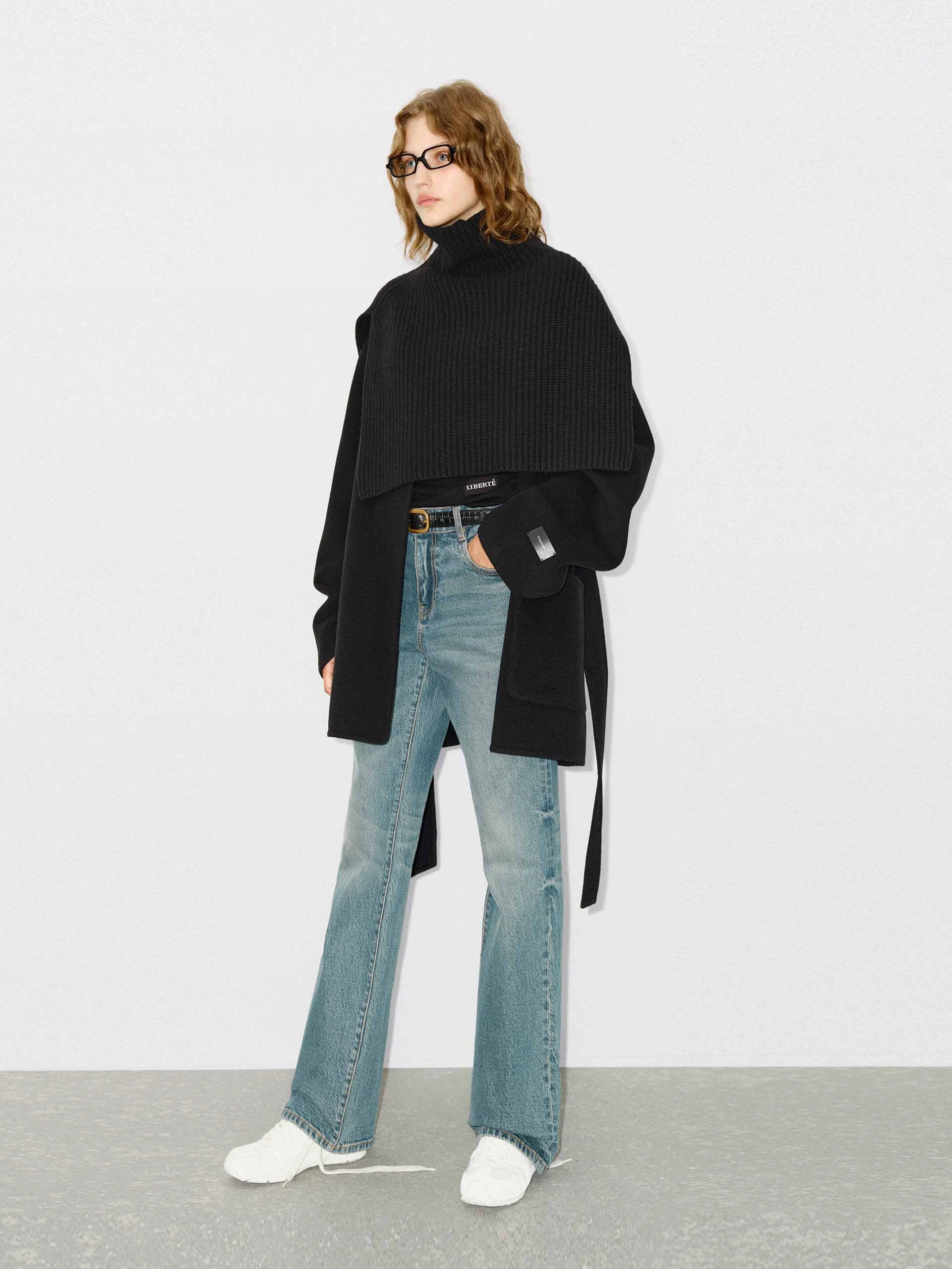 MO&Co. Women's 100% Merino Wool Belted Short Coat with Knit Scarf in Black