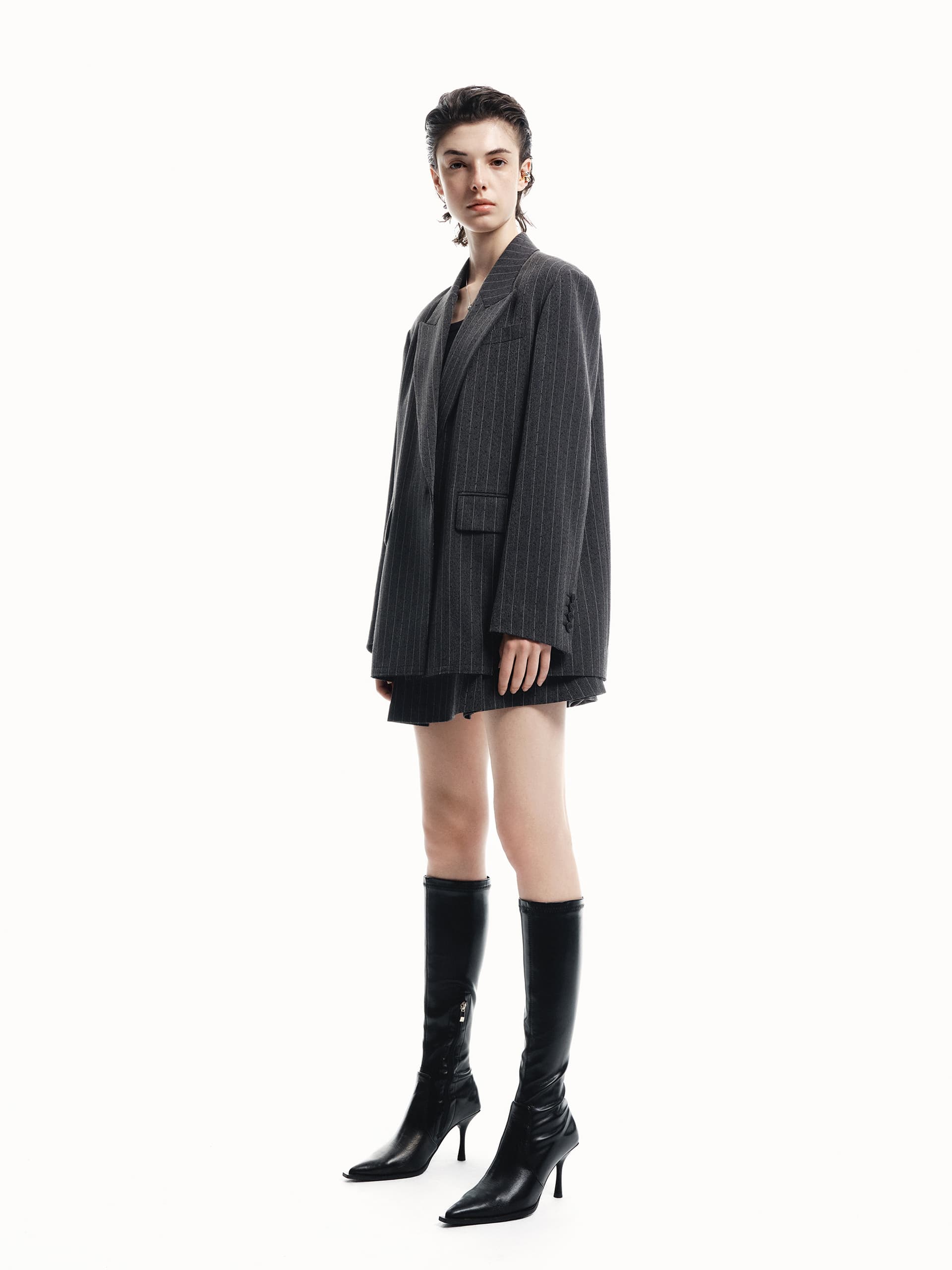 MO&Co. Women's Structured Pinstripe Oversized Blazer in Grey with Rhinestone embellishment
