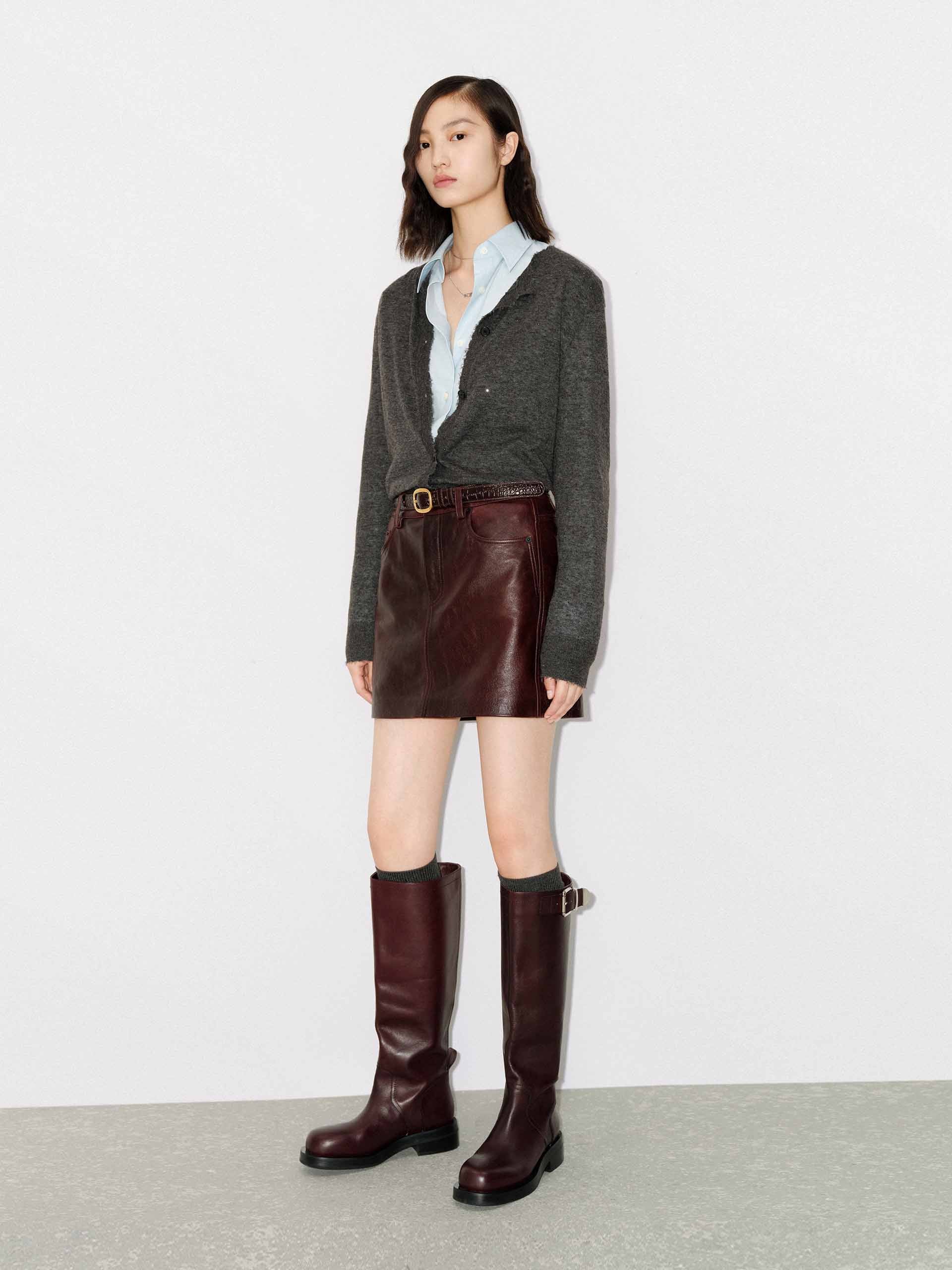 MO&Co. Women's Raw Trim Detail Alpaca fleece and Wool Blend Knit Cardigan in Dark Grey with Rhinestone Details