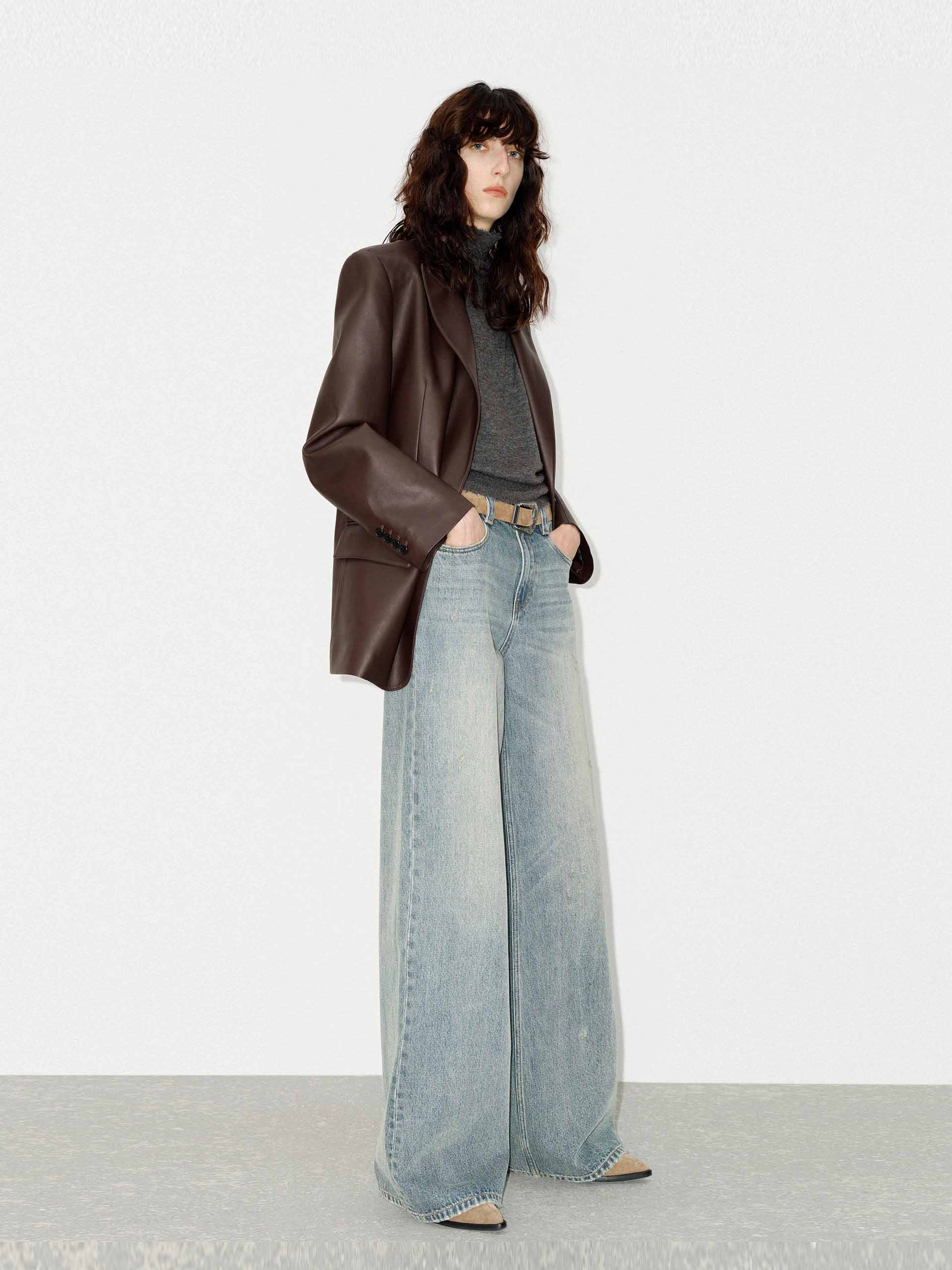 MO&Co. Women's Oversized Faux Leather Blazer with shoulder paddings in Brown