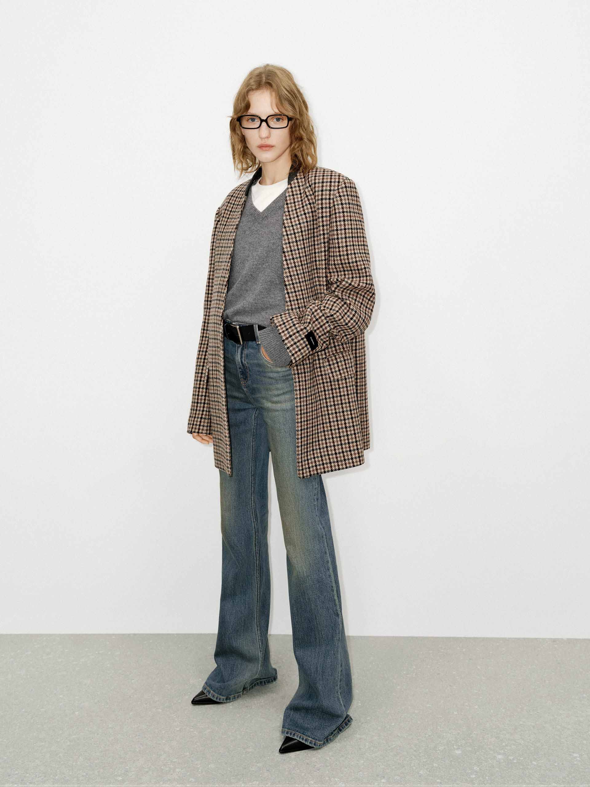 MO&Co. Women's Houndstooth 100% Wool Collarless Blazer