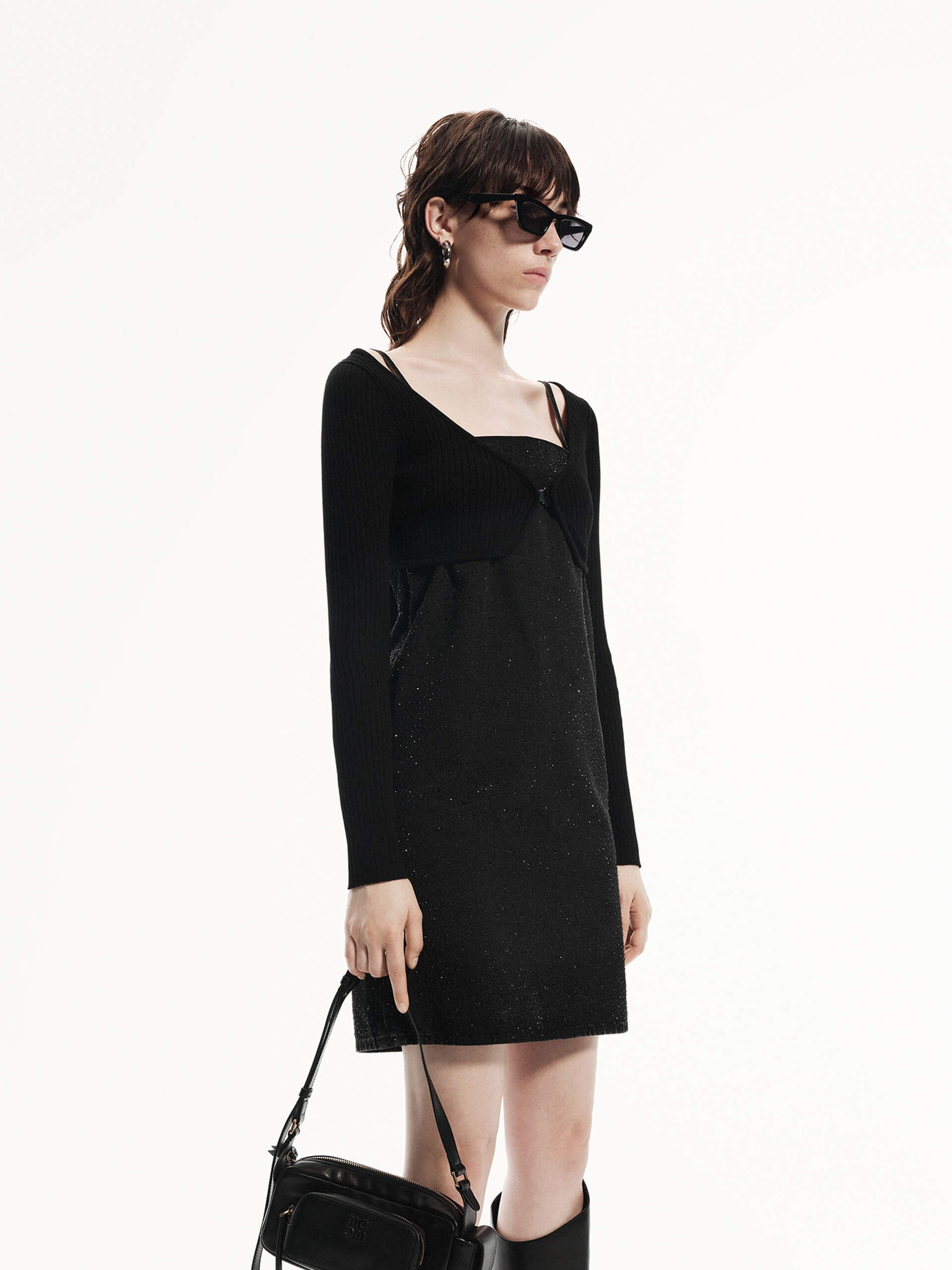 MO&Co. Women's Rhinestone Detail Mini Cami Denim Dress with Long Sleeves Cardigan