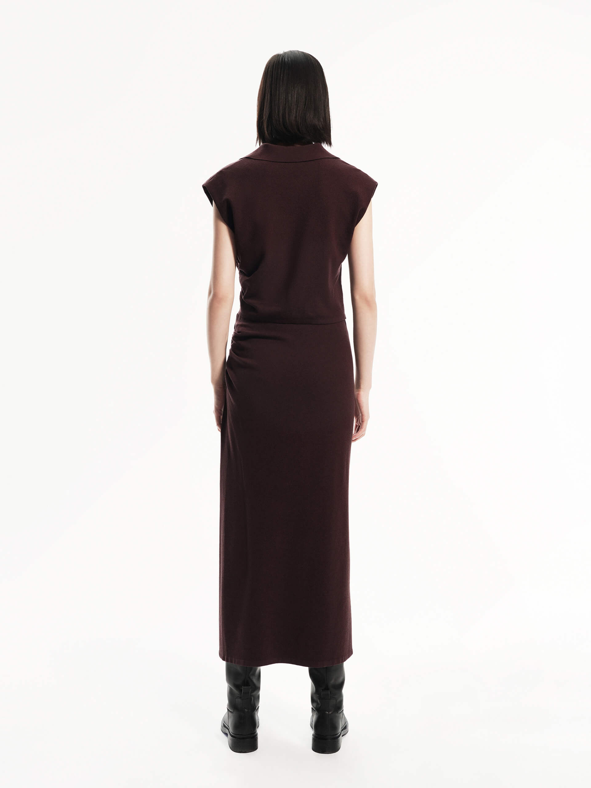 MO&Co. Women's Polo Collar Fitted Sleeveless Top with Midi Skirt Set in Brown