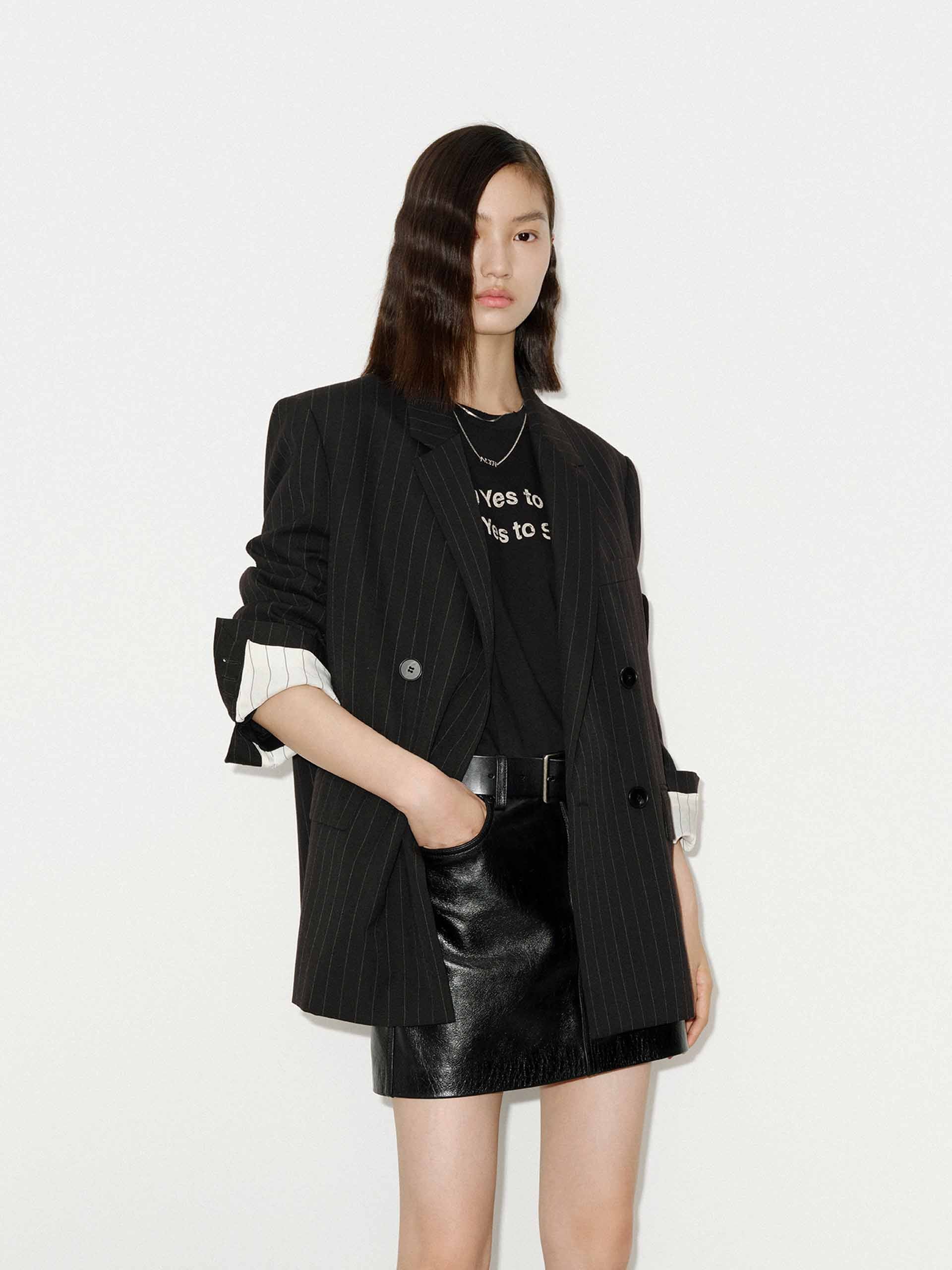 MO&Co. Women's Pinstripe Double Breasted Merino Wool Blazer