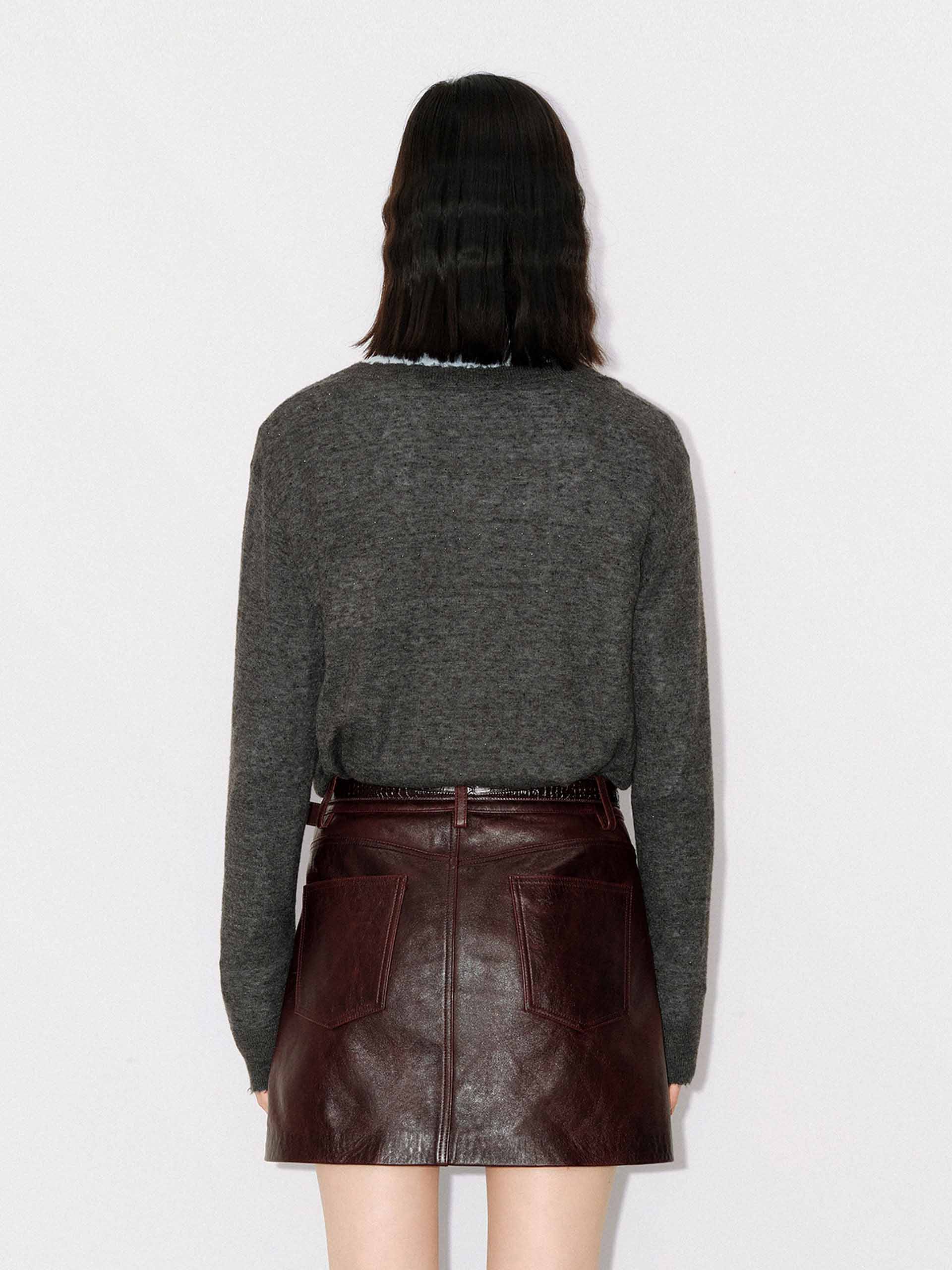 MO&Co. Women's Raw Trim Detail Alpaca fleece and Wool Blend Knit Cardigan in Dark Grey with Rhinestone Details