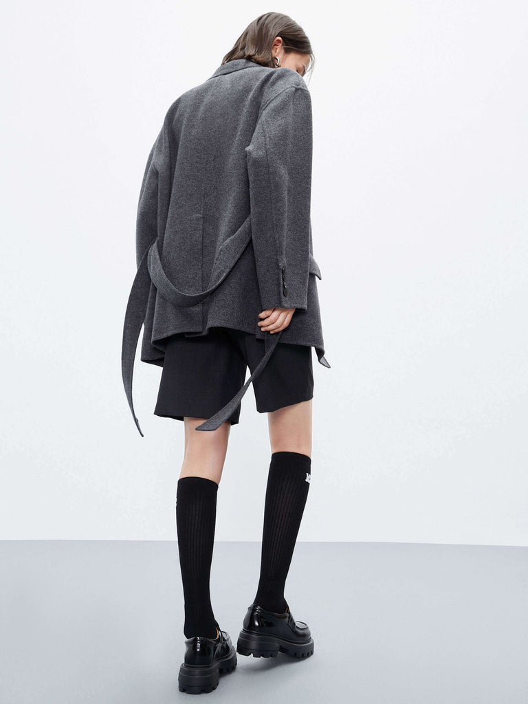 MO&Co. Women's Grey Wool Structured Blazer Coat with Belt Autumn