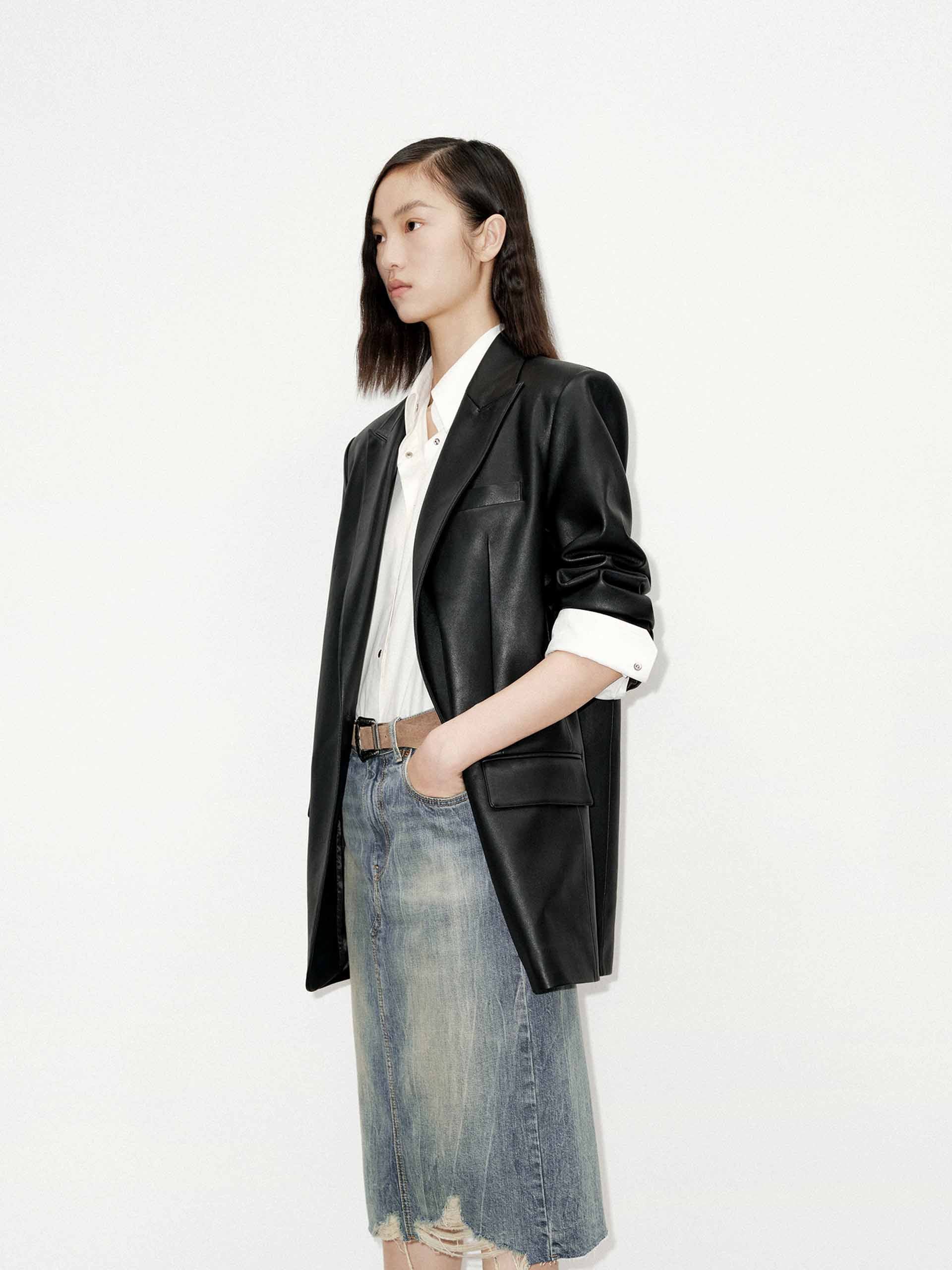 MO&Co. Women's Oversized Faux Leather Blazer with shoulder paddings in Black