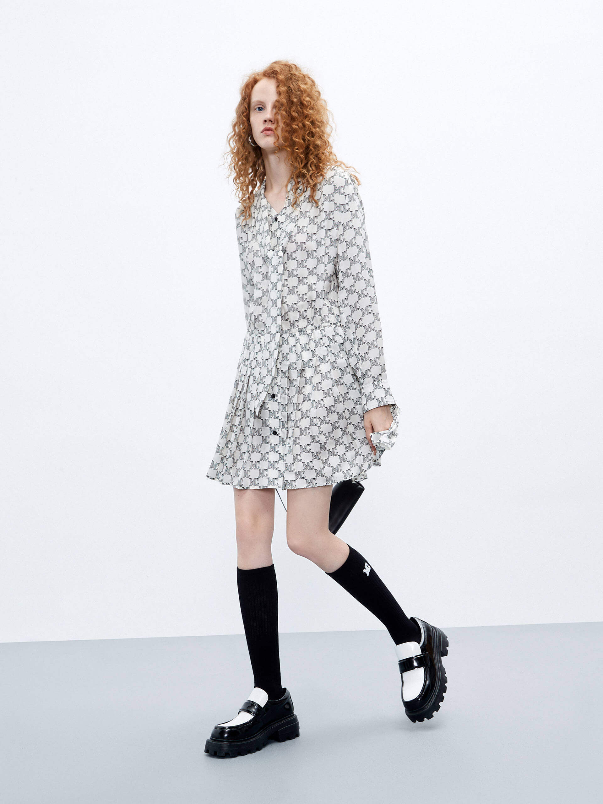 MO&Co. Women's Long-sleeved Tie Detail Monogram Shirt Dress