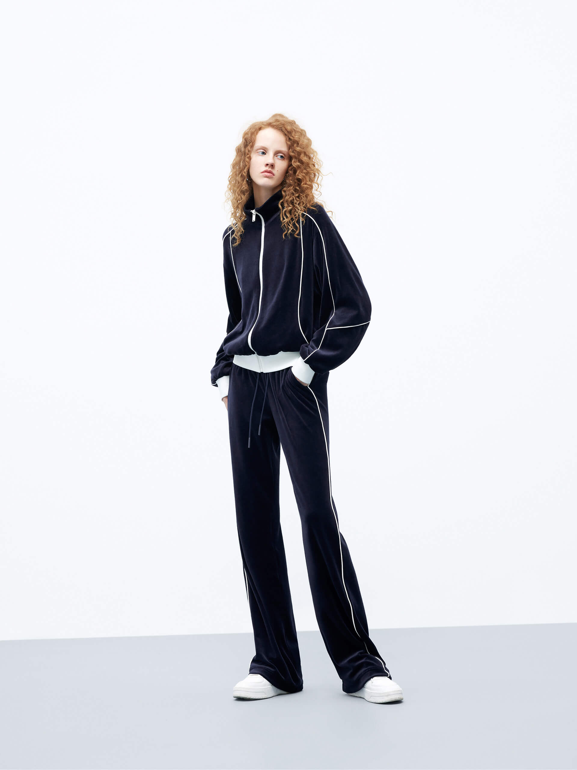 MO&Co. Women's Contrast Seam Zipped Velvet Touch Track Jacket in Navy