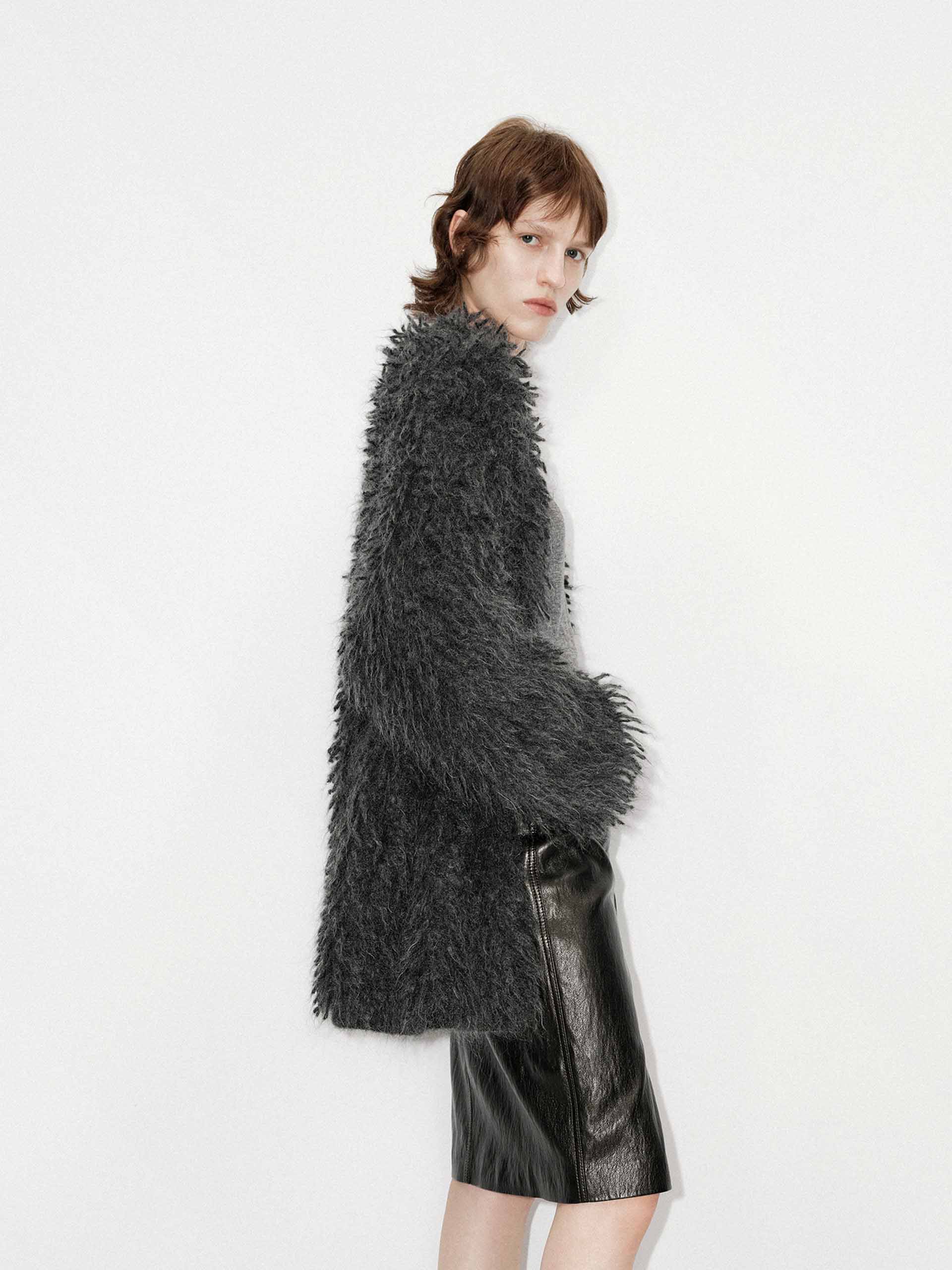 MO&Co. Women's Loose Fit Mohair Blend Fuzzy Long Sleeves Cardigan in Grey