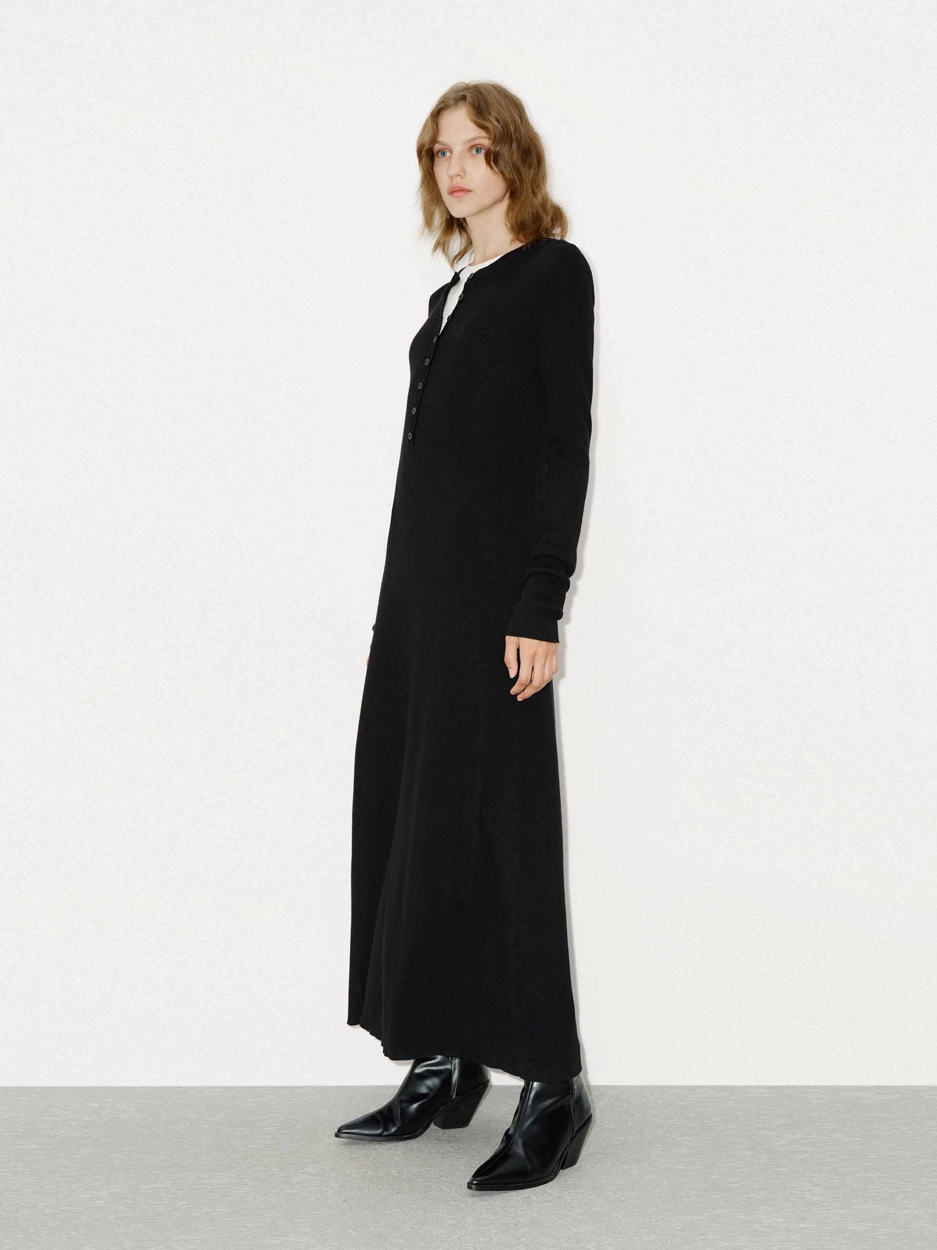 MO&Co. Women's Half Button Long Sleeves Wool Knit Dress in Black