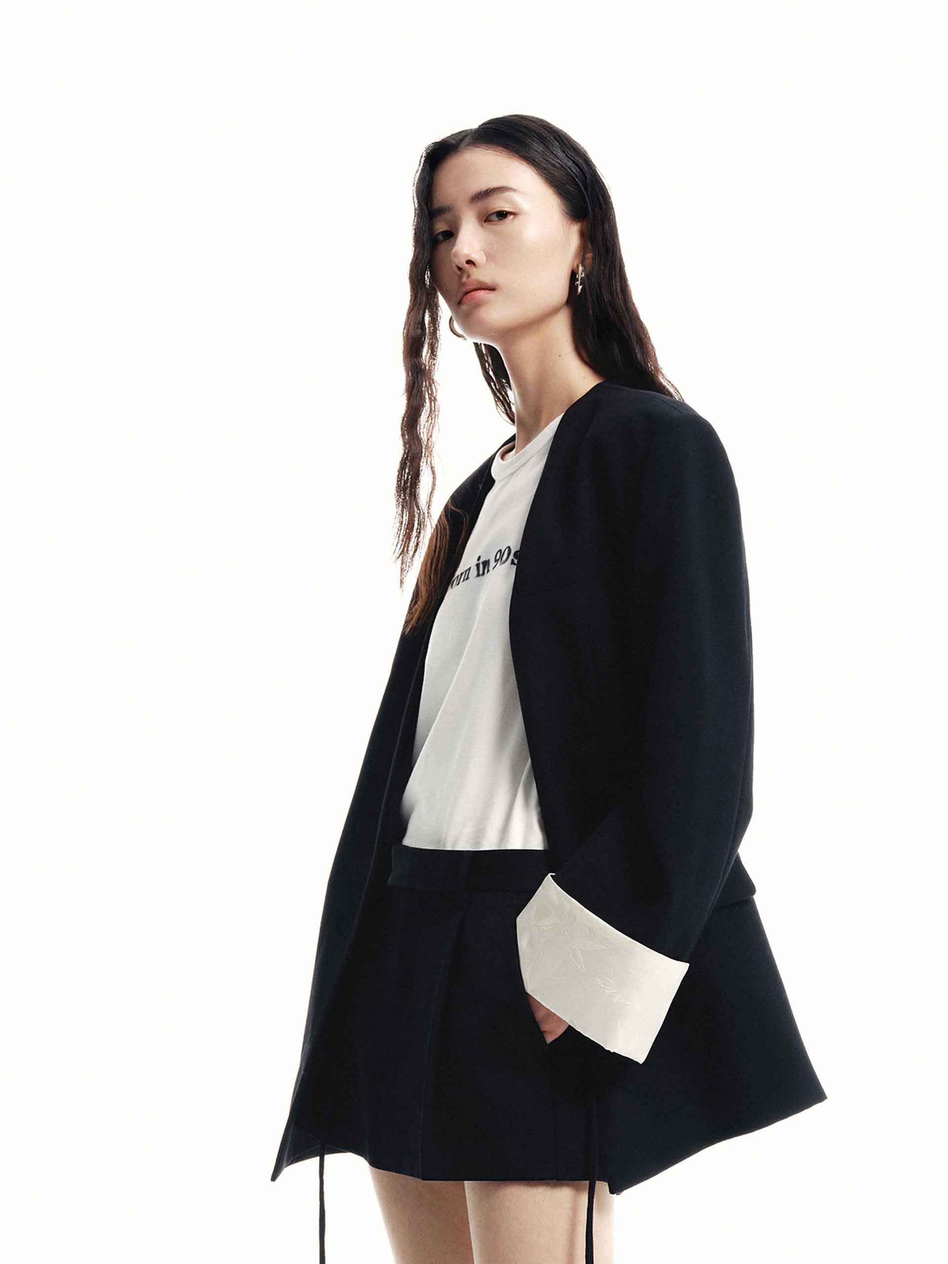 MO&Co. Women's Turn Up Cuff Collarless Structured Blazer in Black