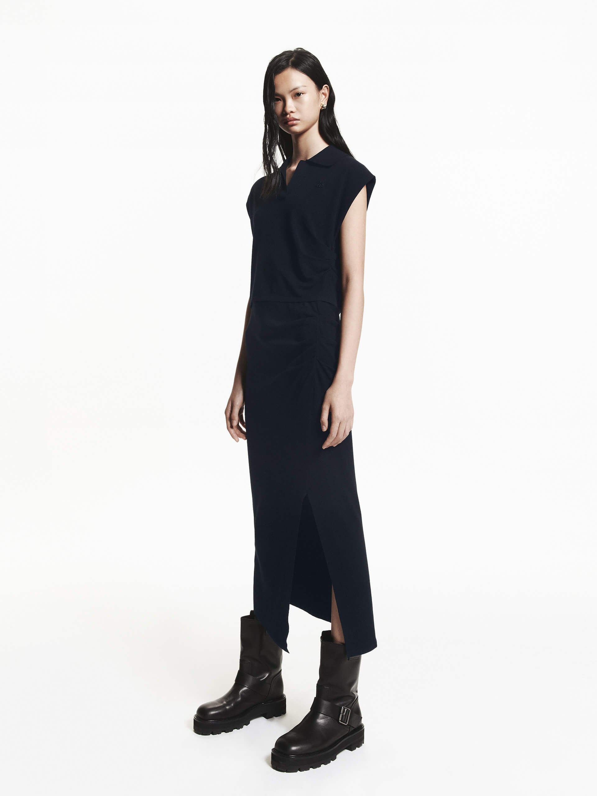 MO&Co. Women's Polo Collar Fitted Sleeveless Top with Midi Skirt Set in Black