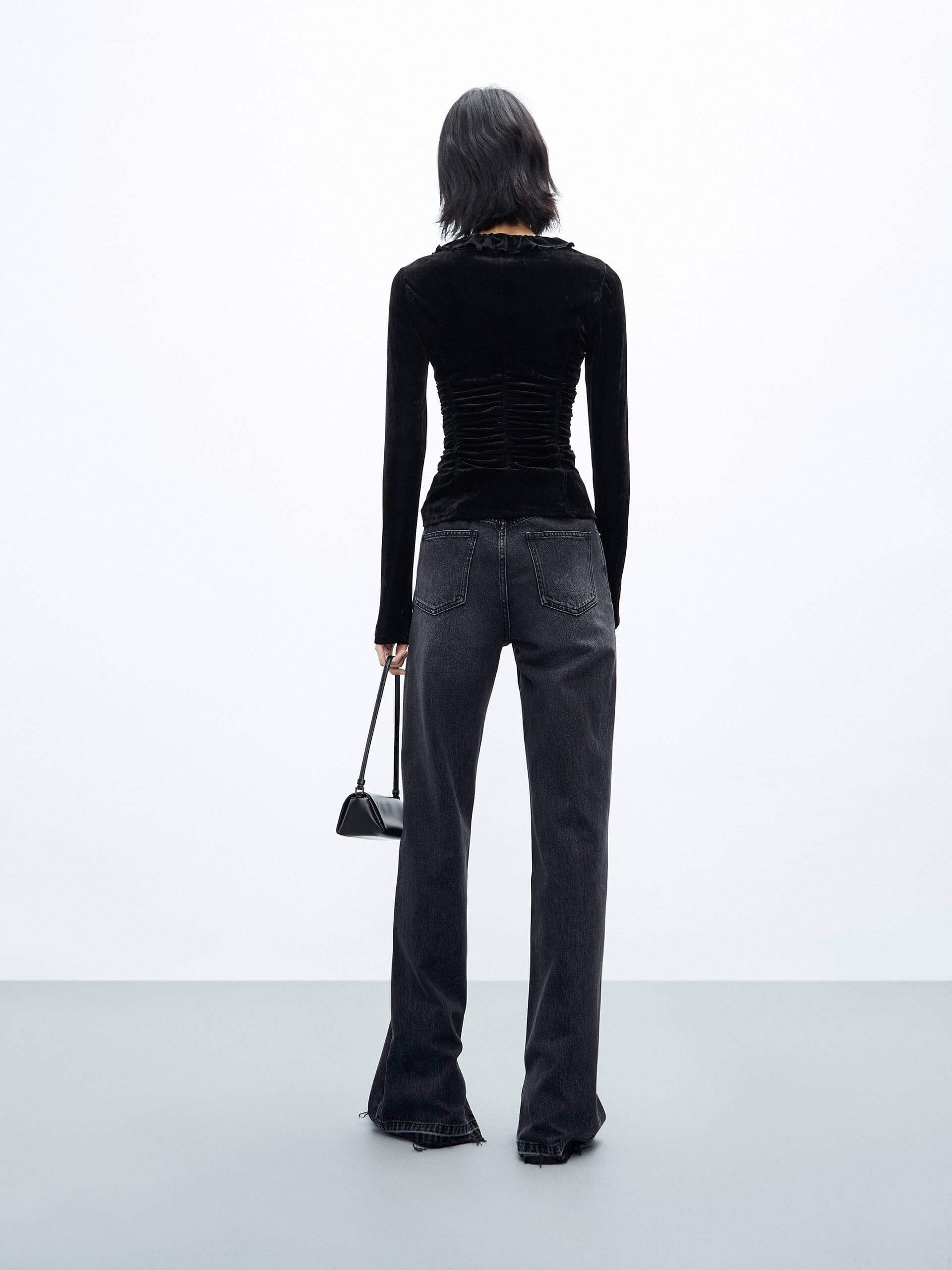 MO&Co. Women's V Neck Long Sleeve Slim Ruffle Velvet Top in Black