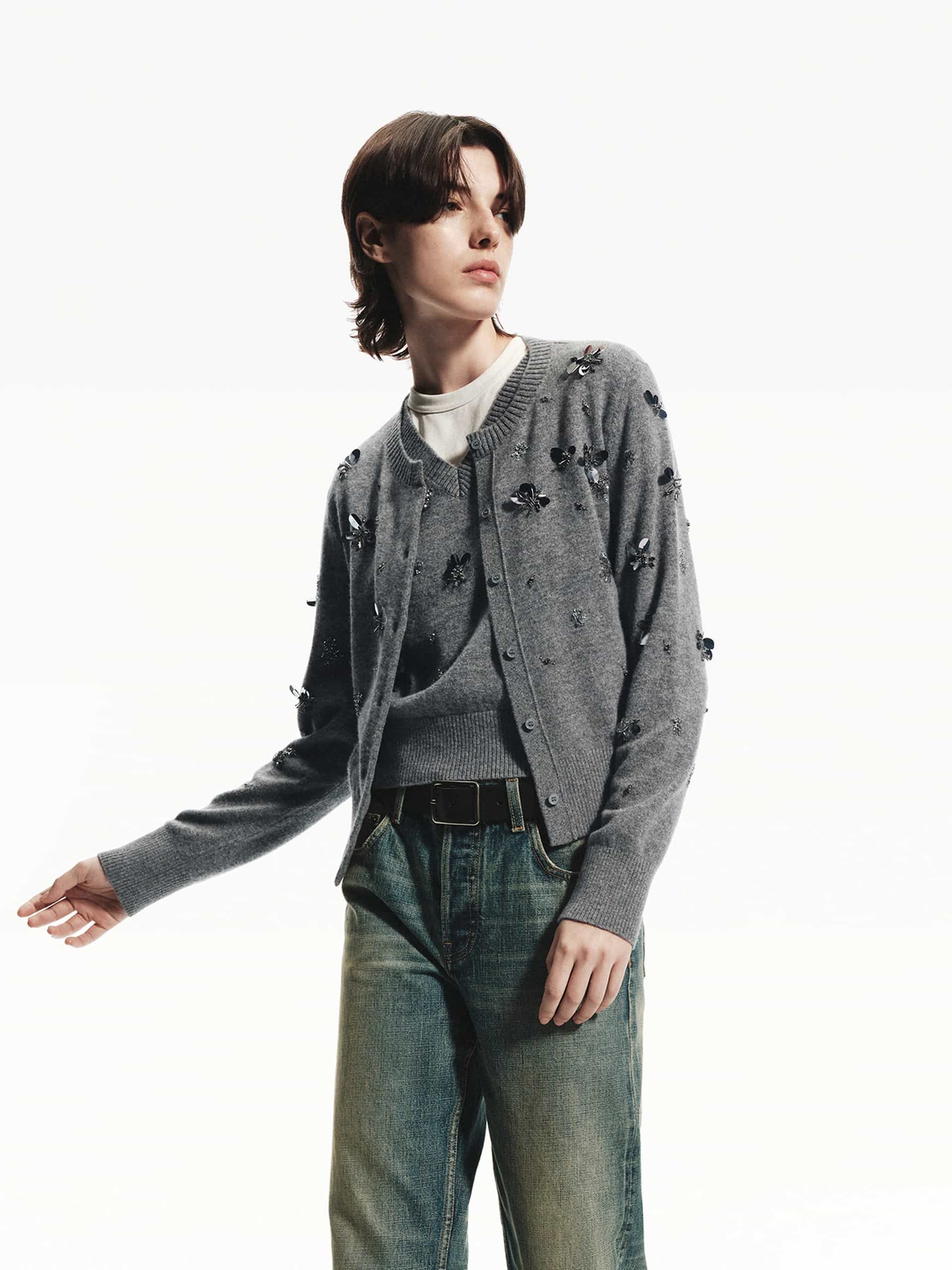 MO&Co. Women's Sequin Detail Pure Merino Wool Cardigan in Grey