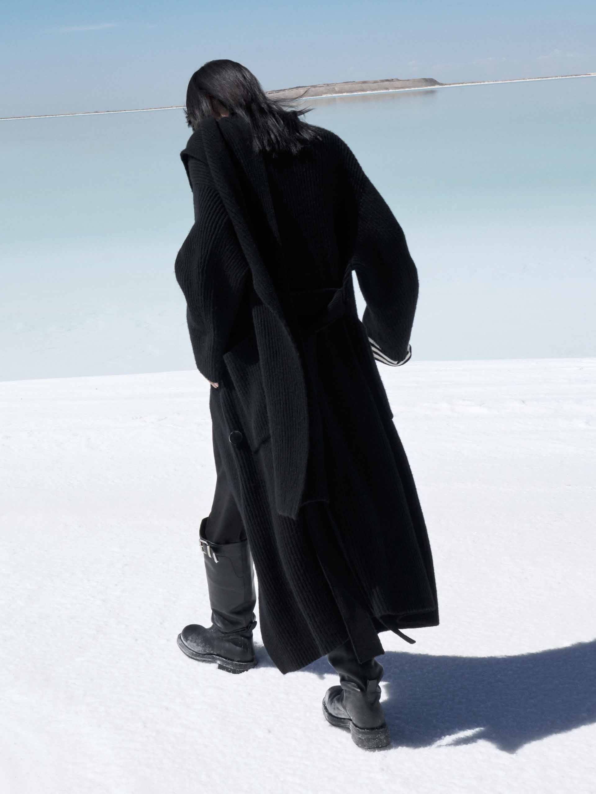 MO&Co. Women's Scarf Collar Wool Alpaca fleece Blend Longline Cardigan in Black