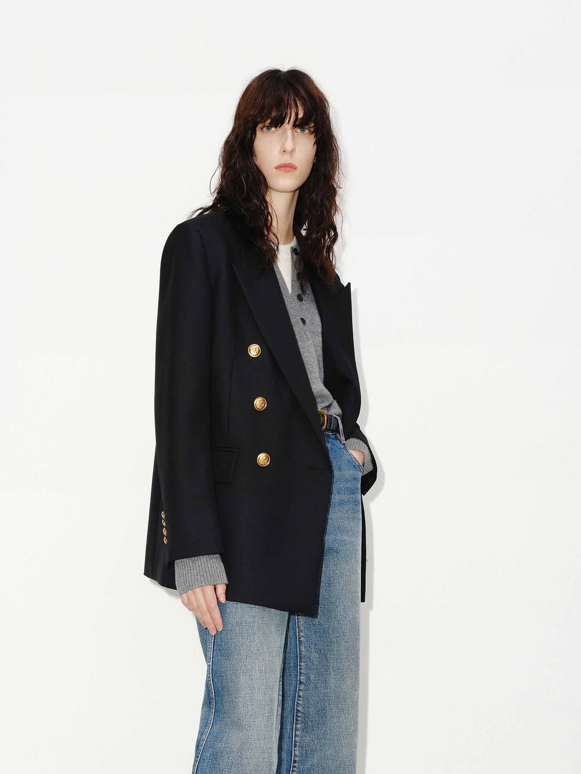 MO&Co. Women's Metallic Button Peak Lapel Structured Blazer Wool Blend in Black