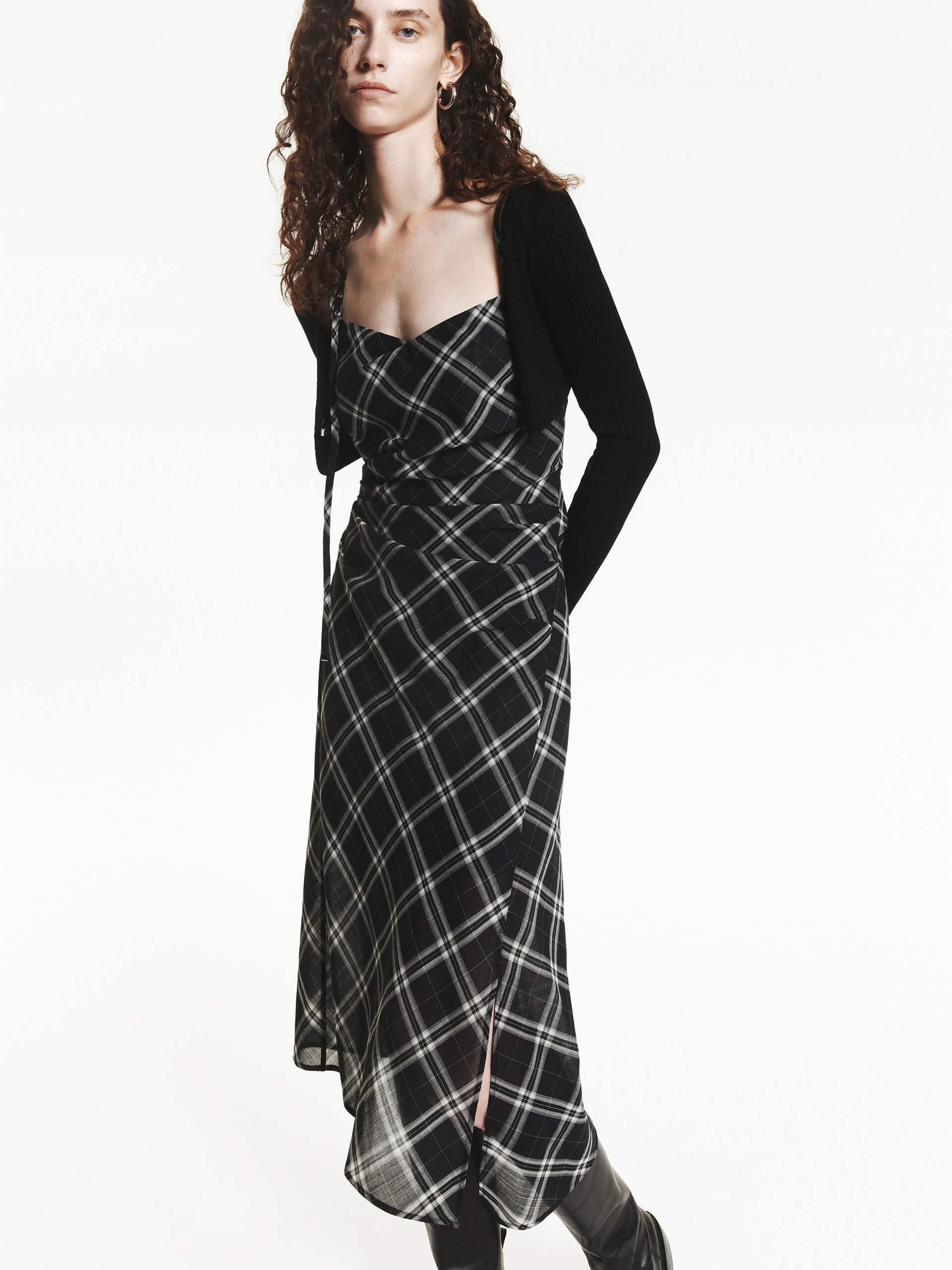 MO&Co. Women's Plaid Pattern Cami Dress Slit Detailed in Black with Gathered Waist Details