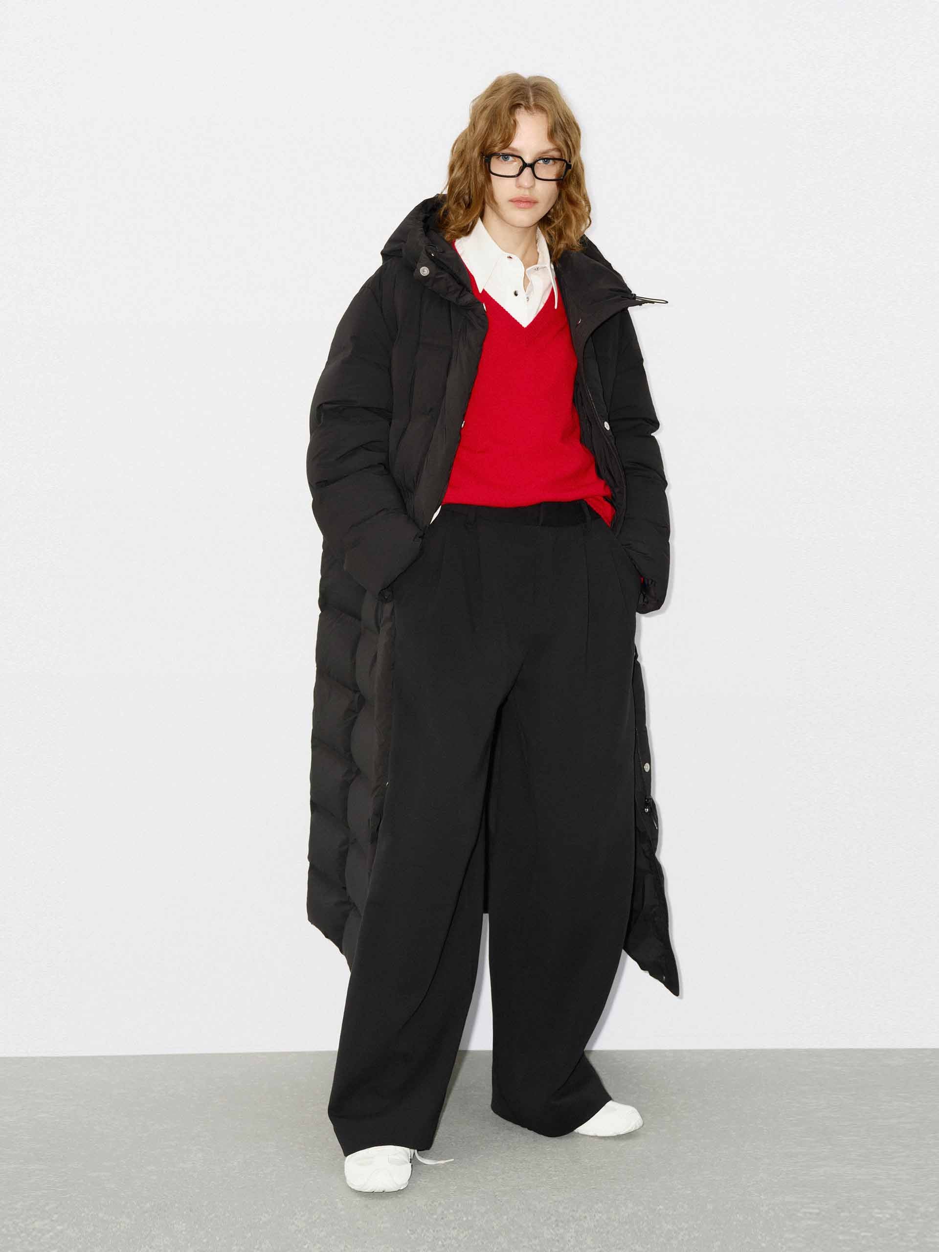 MO&Co. Women's Long Line Hood Quilted Shell Down Coat in Black for Winter