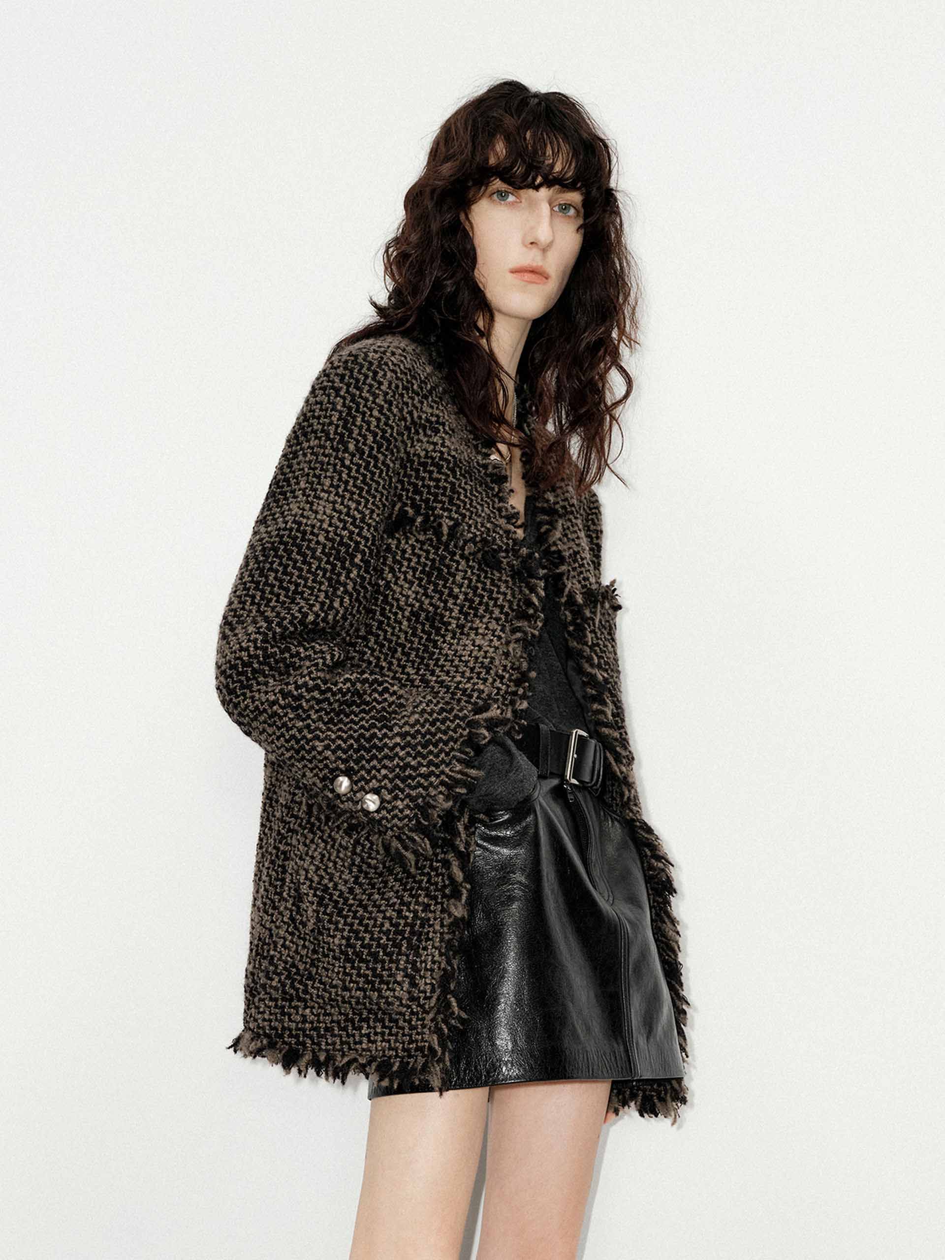 MO&Co. Women's V-neck Wool Blend Raw Trim Collarless Tweed Coat