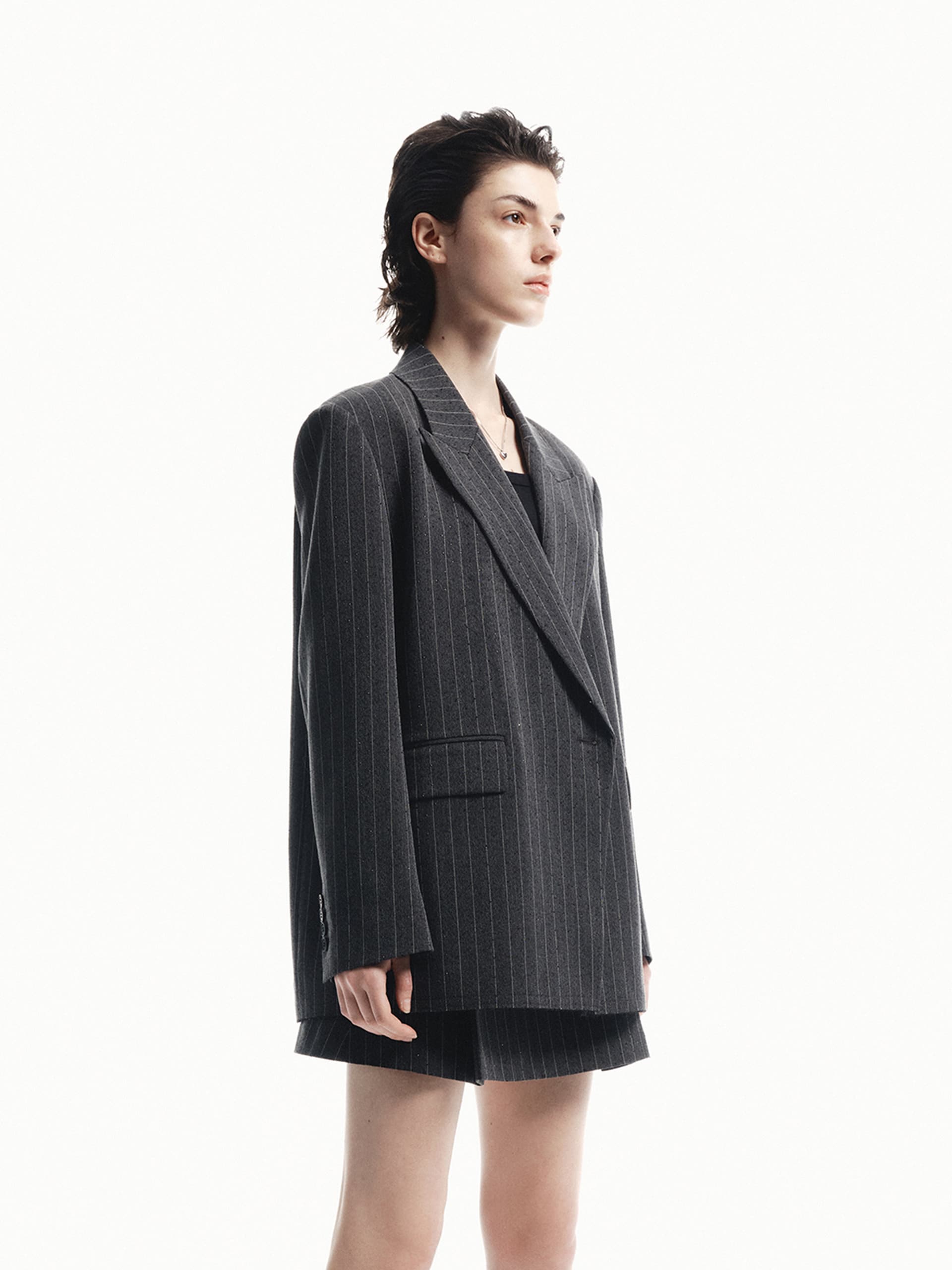 MO&Co. Women's Structured Pinstripe Oversized Blazer in Grey with Rhinestone embellishment
