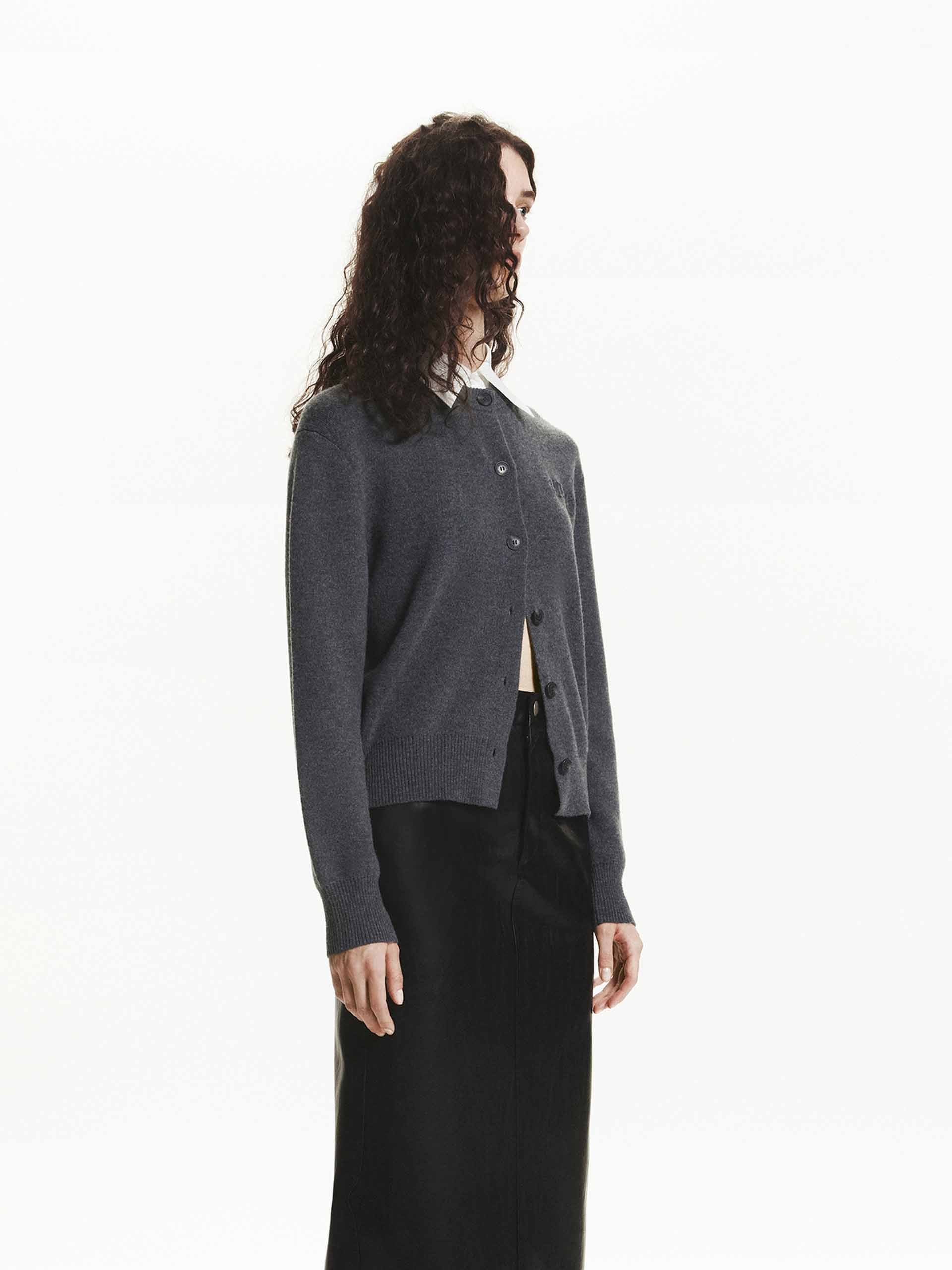 MO&Co. Women's Wool Cashmere Cardigan in Grey with Contrast Shirt Collar