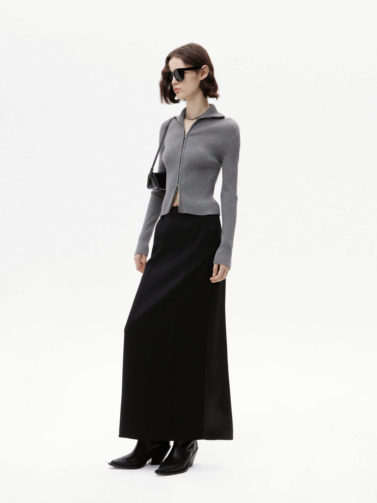MO&Co. Women's Wool Blend Y2K Ribbed Knit Slim Fit Cardigan Zip Up in Grey