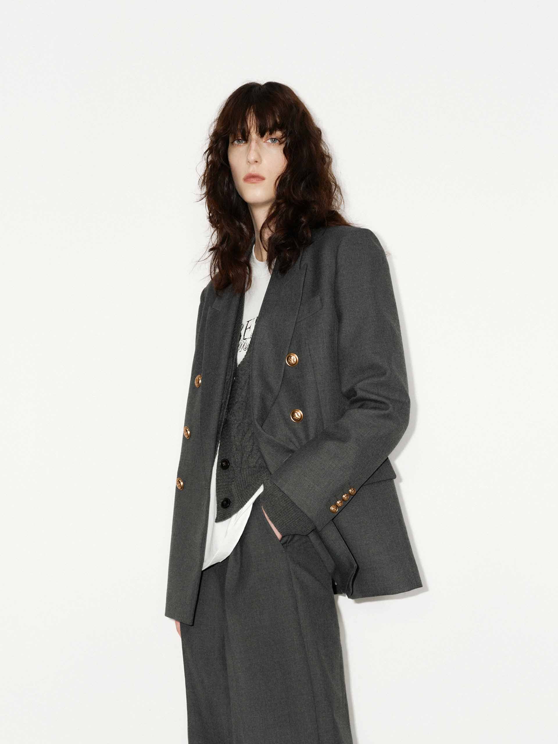 MO&Co. Women's Metallic Button Peak Lapel Structured Blazer Wool Blend in Grey