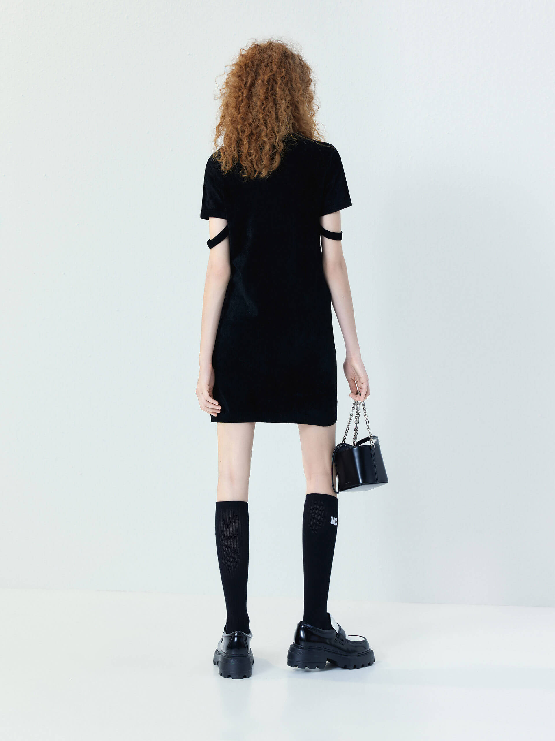 MO&Co. Women's Black Cut Out Sleeve Straight Fit T-Shirt Dress