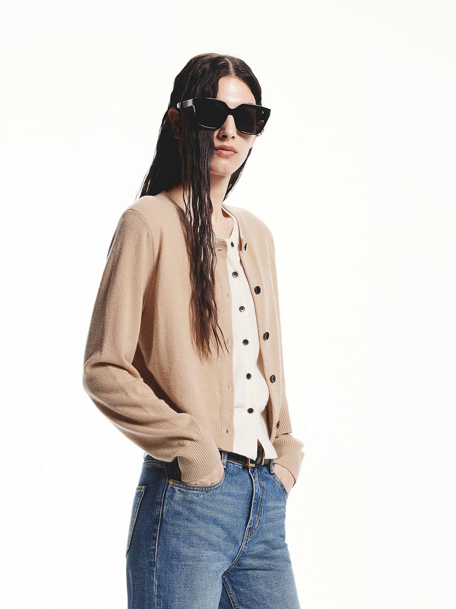 MO&Co. Women's Crew Neck Layer Wool Cashmere Cardigan with long sleeves in Camel