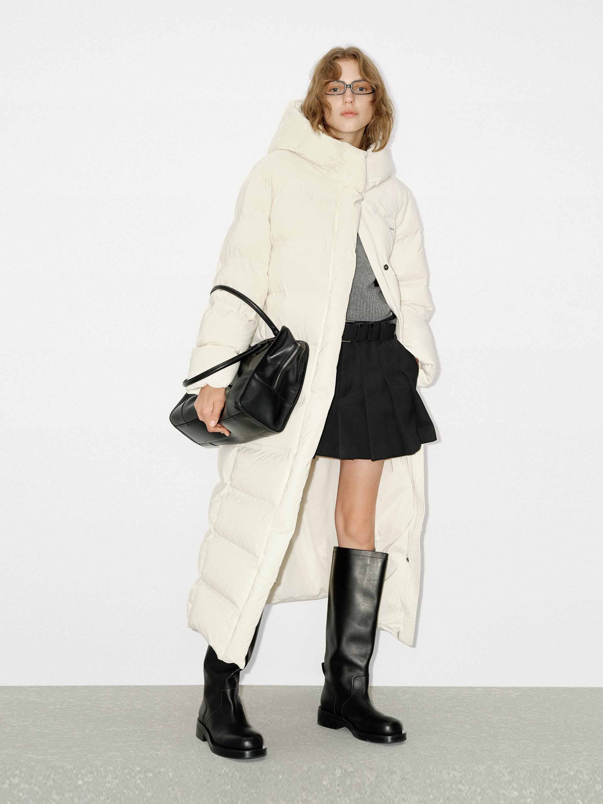 MO&Co. Women's Long Line Hood Quilted Shell Down Coat in Light Beige for Winter