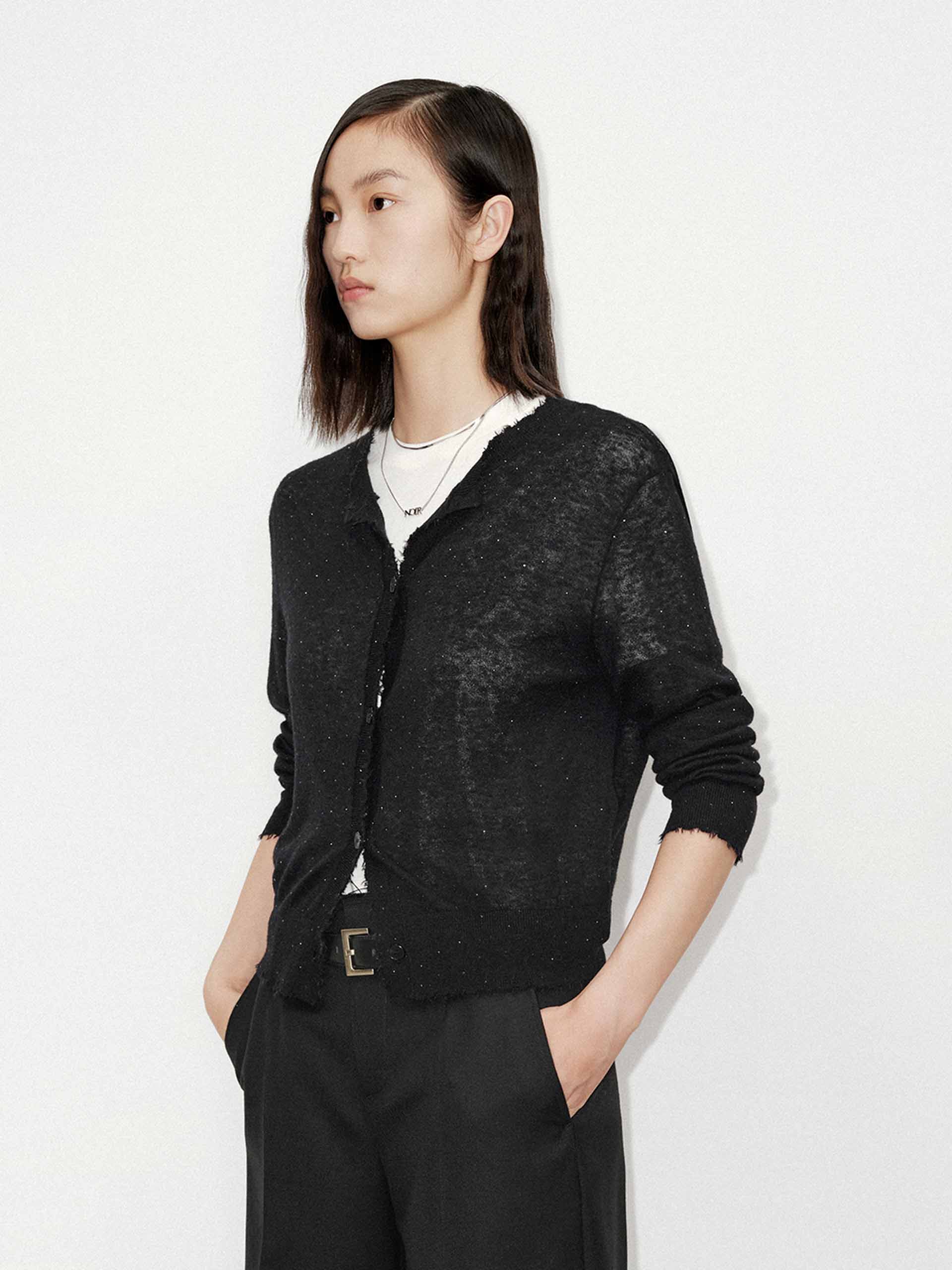 MO&Co. Women's Raw Trim Detail Alpaca fleece and Wool Blend Knit Cardigan in Black with Rhinestone Details