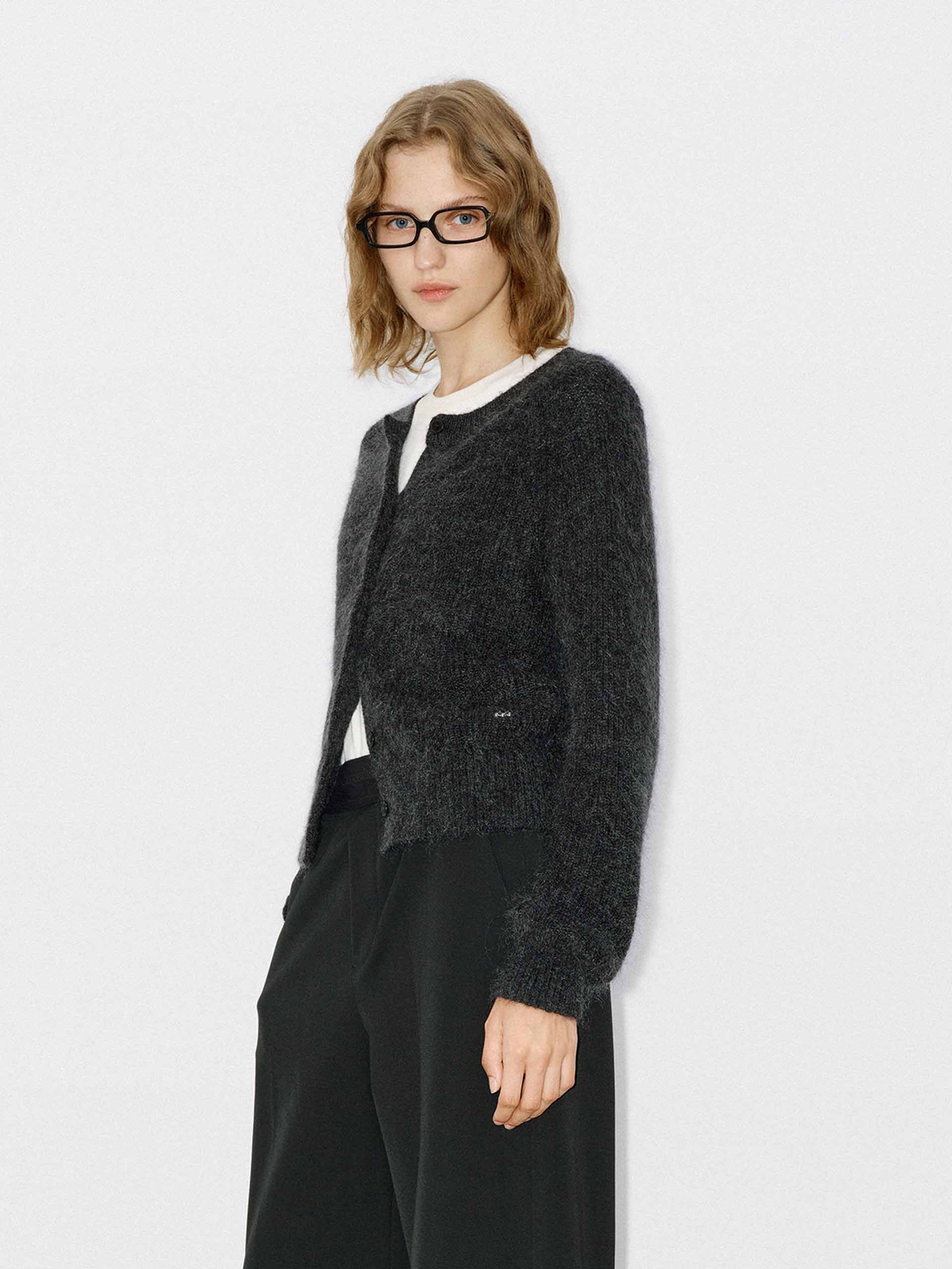 MO&Co. Women's Mohair Blend Fluffy Textured Regular Fit Knit Cardigan in Grey