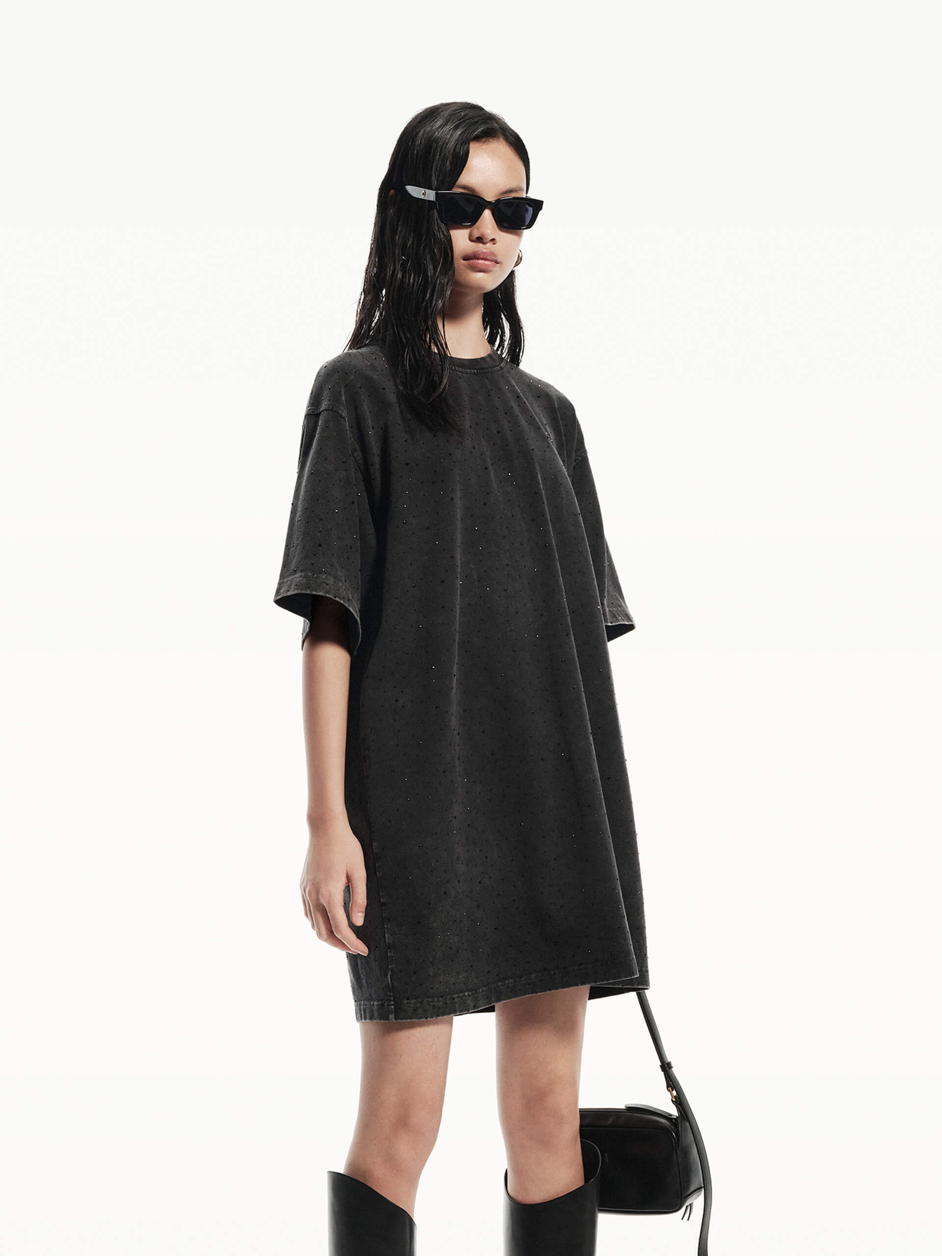 MO&Co. Women's Rhinestone Detail Pure Cotton Oversized Tee Dress