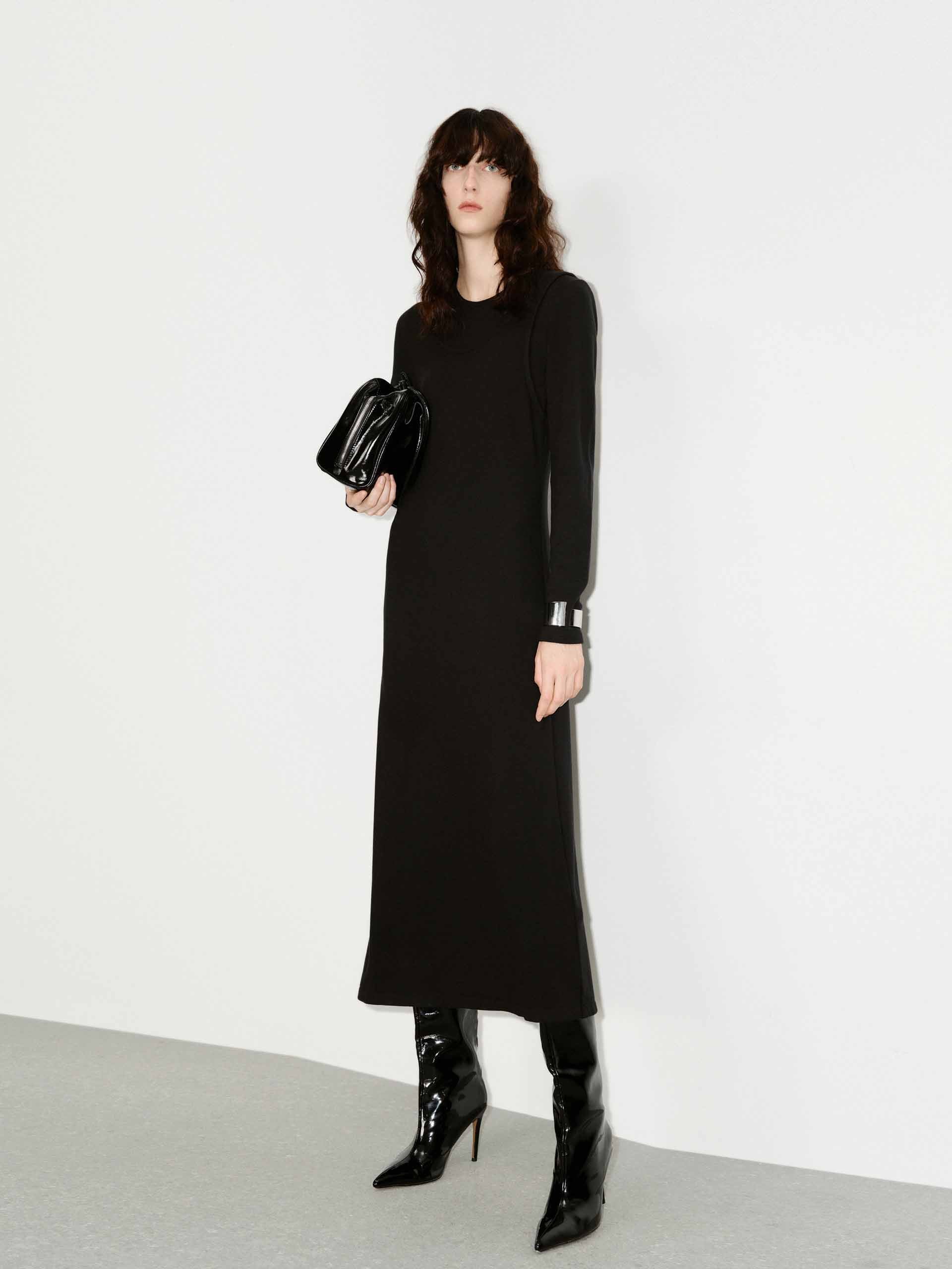 MO&Co. Women's Cut Shoulder Long Sleeves A-line Black Midi Dress