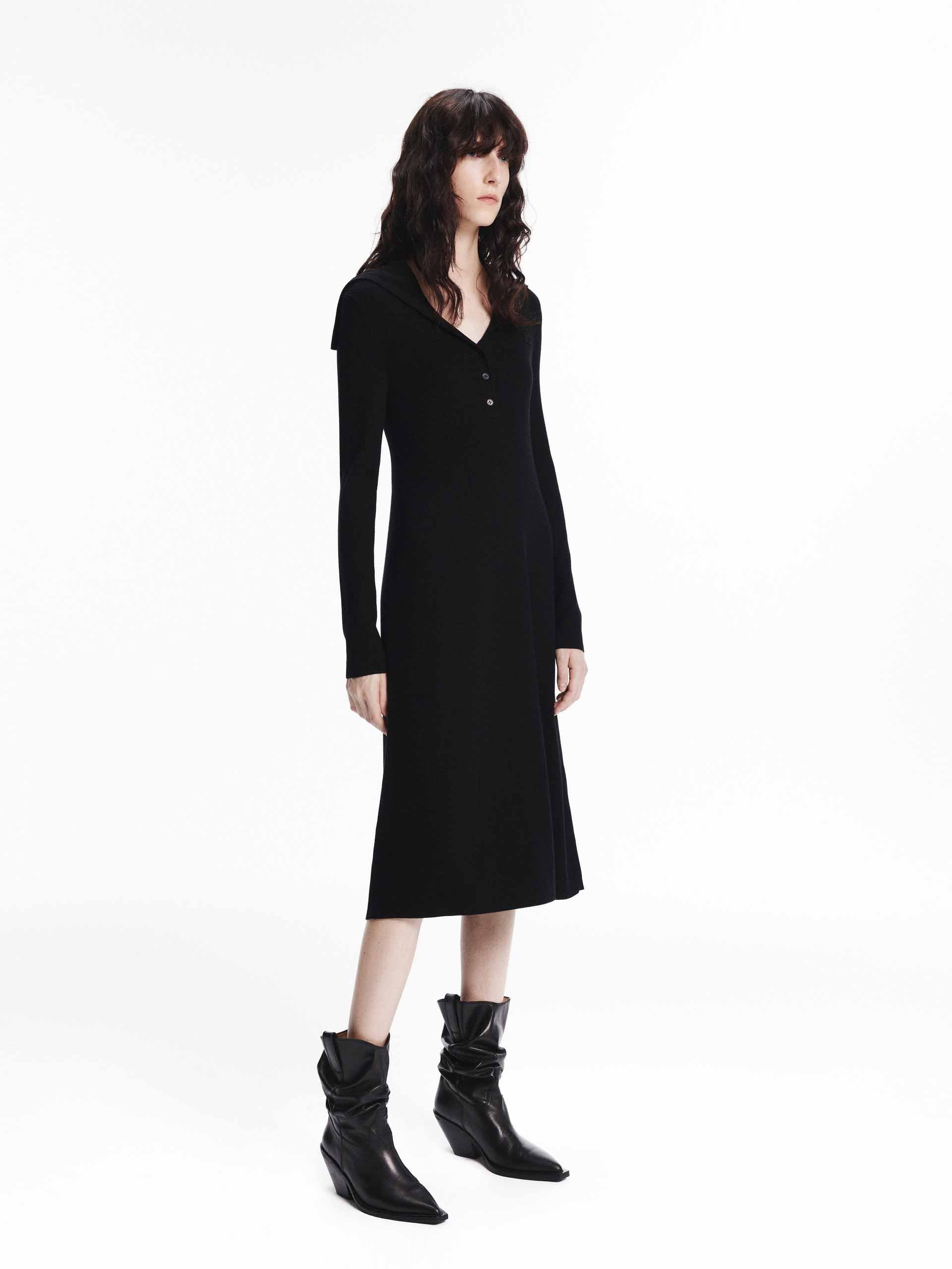 MO&Co. Women's Machine Washable 100% Wool Long Sleeves Midi Knit Dress in Black