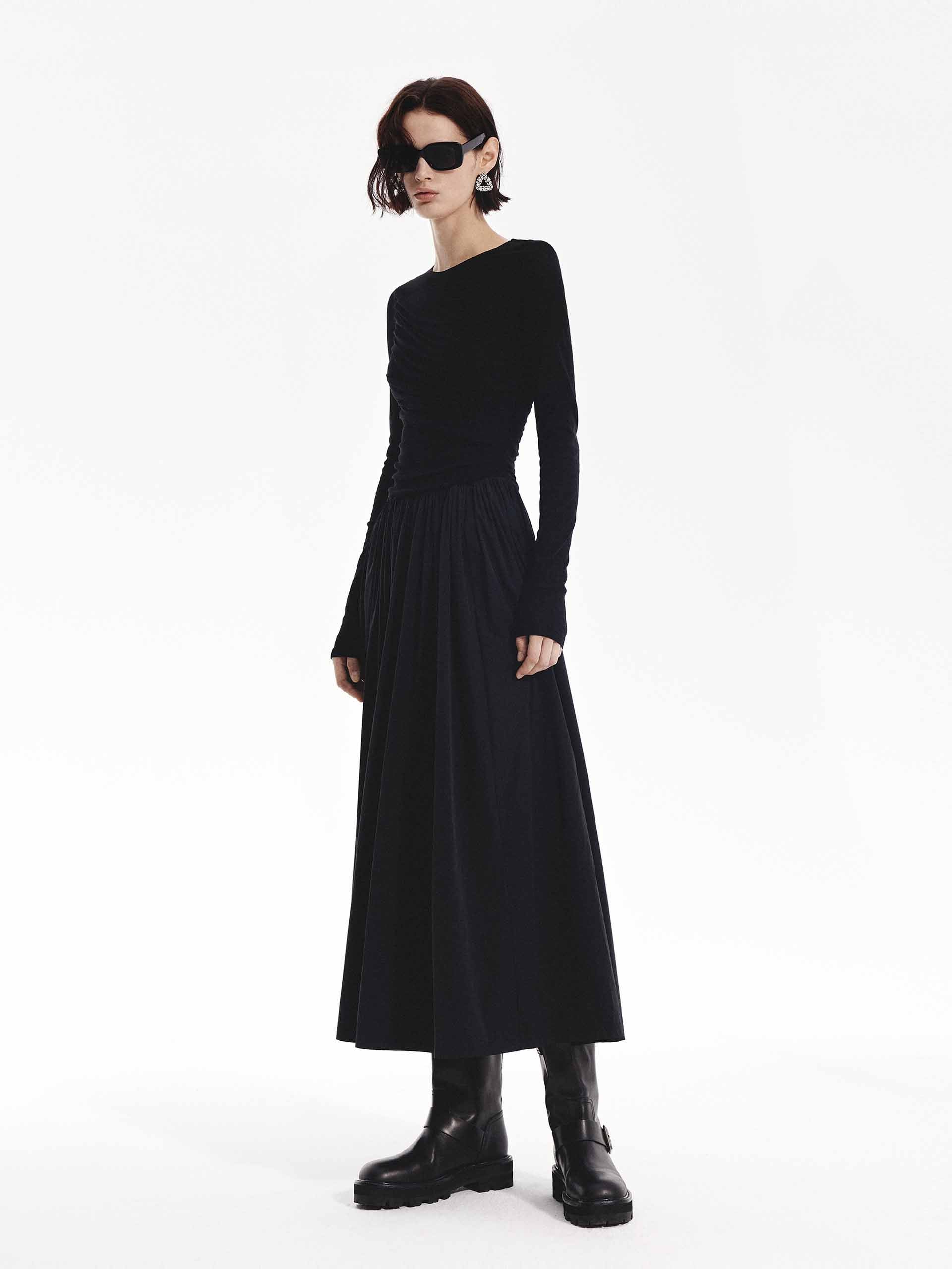 MO&Co. Women's Long Sleeves Paneled Midi Dress in Black