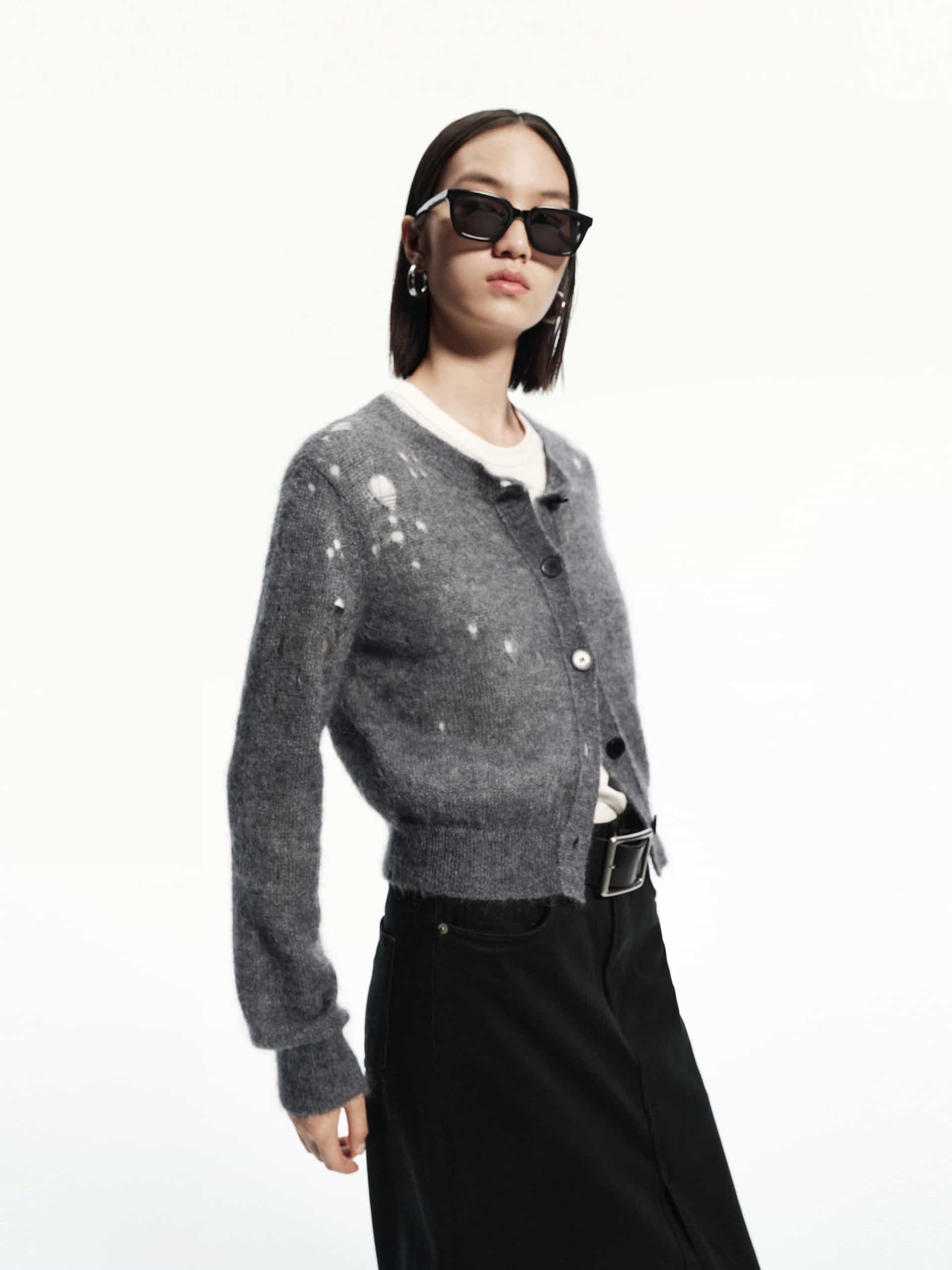 MO&Co. Women's Brushed Mohair Blend Distressed Cardigan in Grey