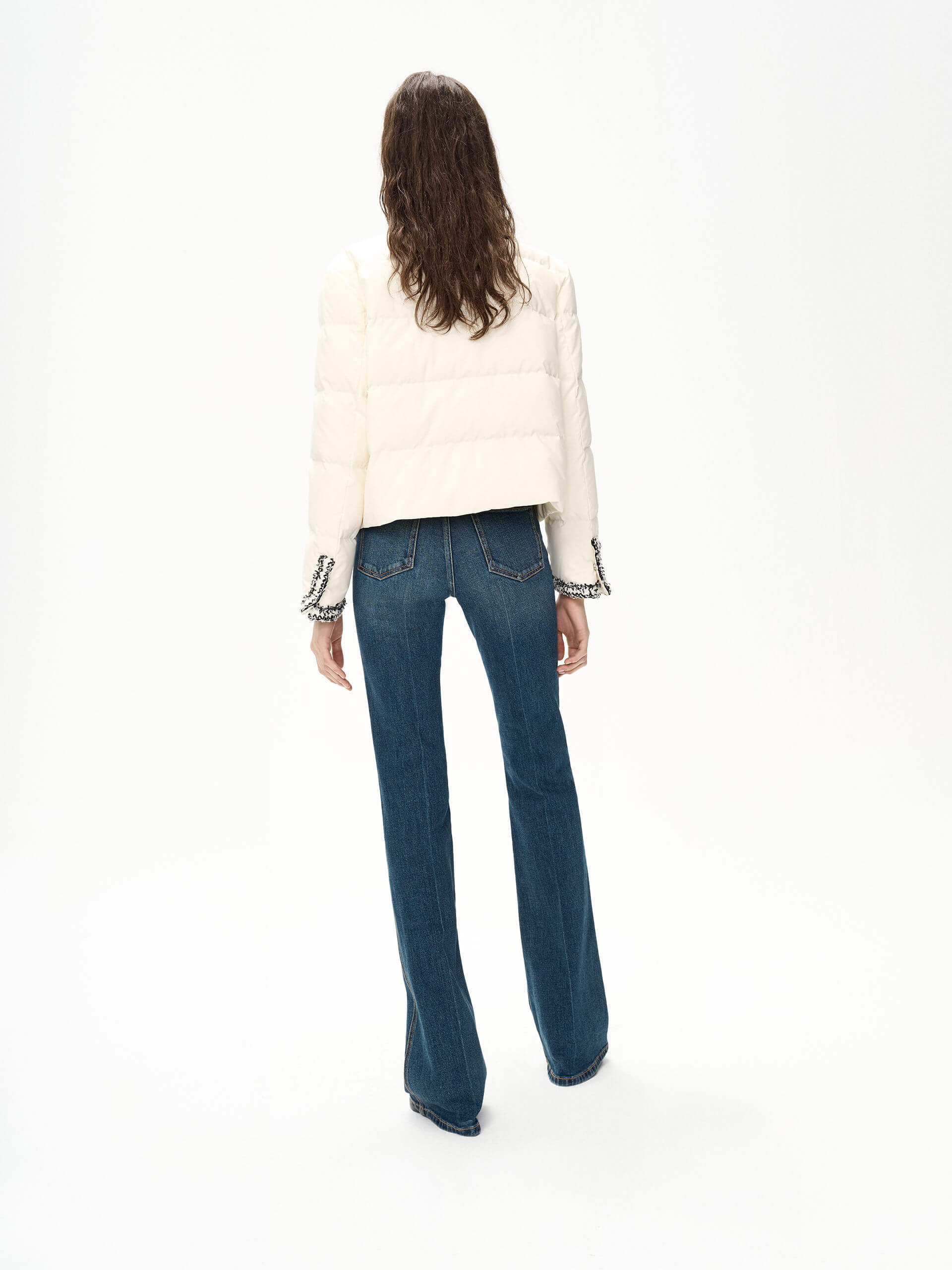 MO&Co. Women's Crochet Details Collarless Puffer Jacket in Beige