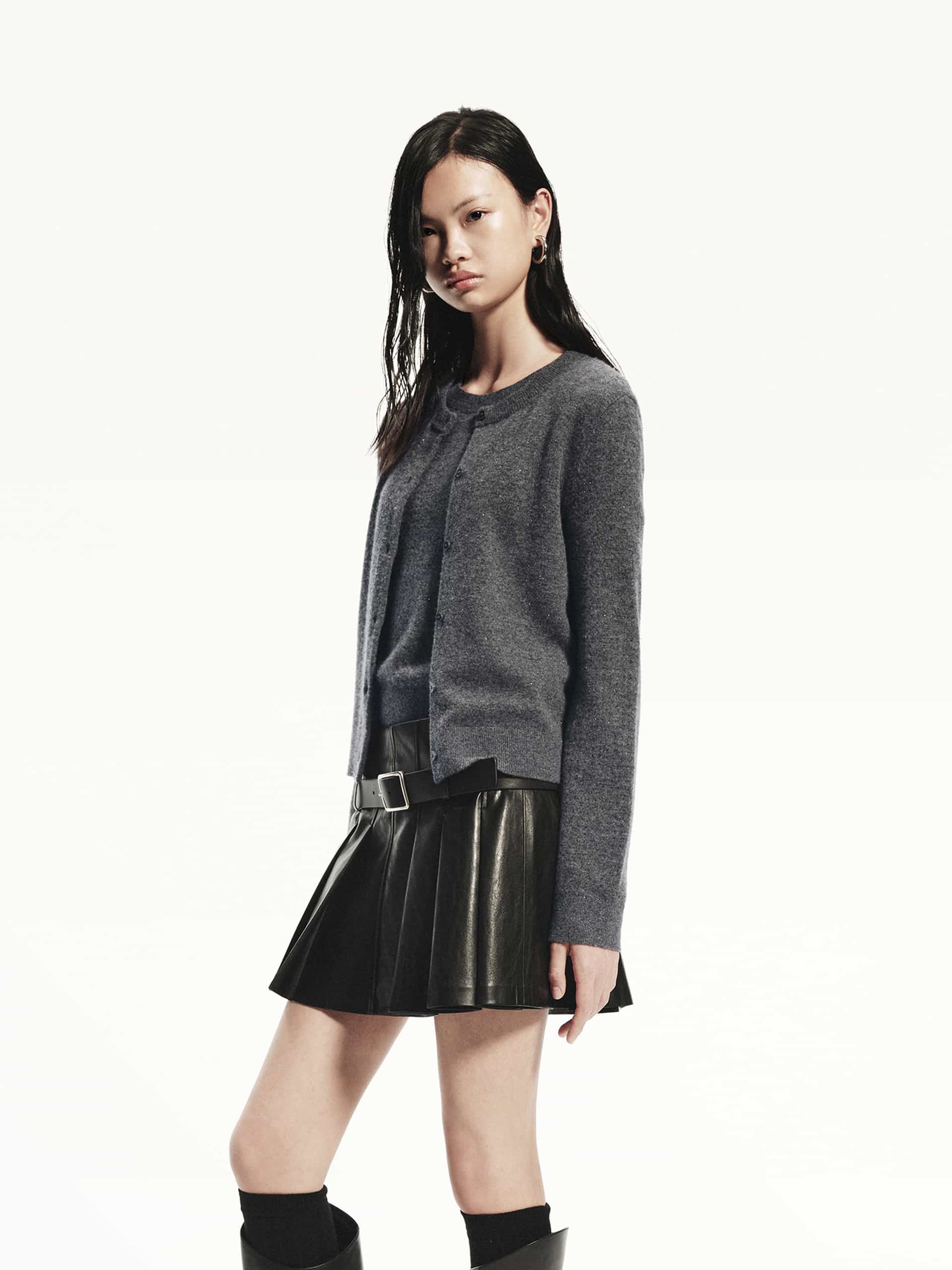 MO&Co. Women's Long Sleeve Pure Merino Wool Fitted Knit Cardigan in Grey with Rhinestone embellishment