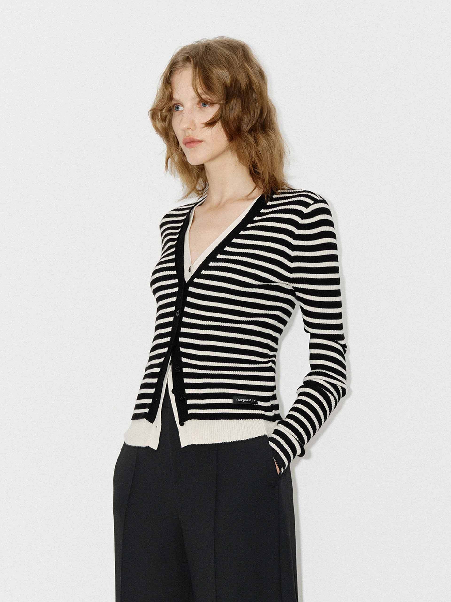 MO&Co. Women's Contrast Layered Detail V-neck Tight Fit Wool Blend Cardigan in Striped