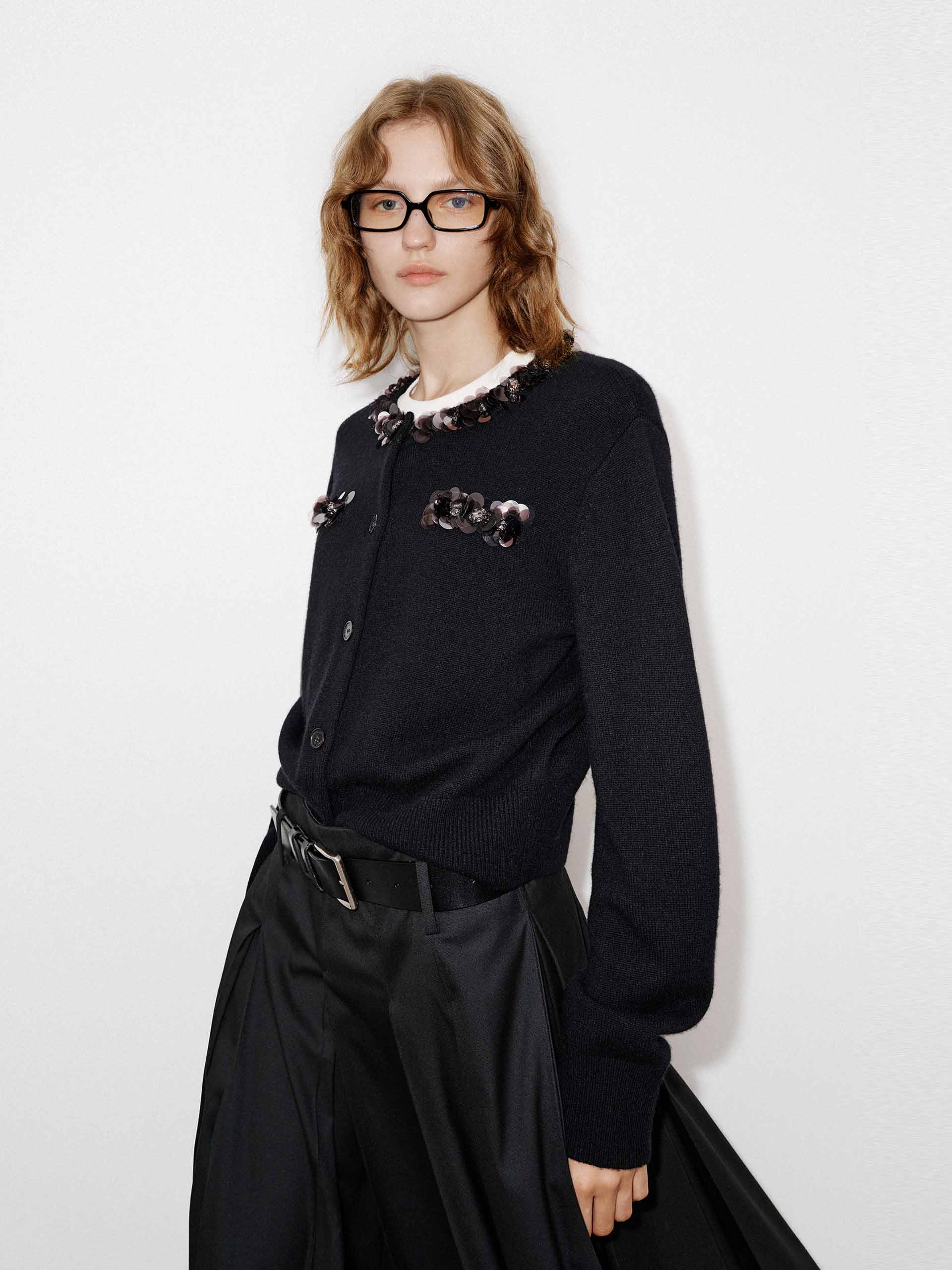 MO&Co. Women's Wool and Cashmere Blend Sequins Detail Close Fit Cardigan in Black