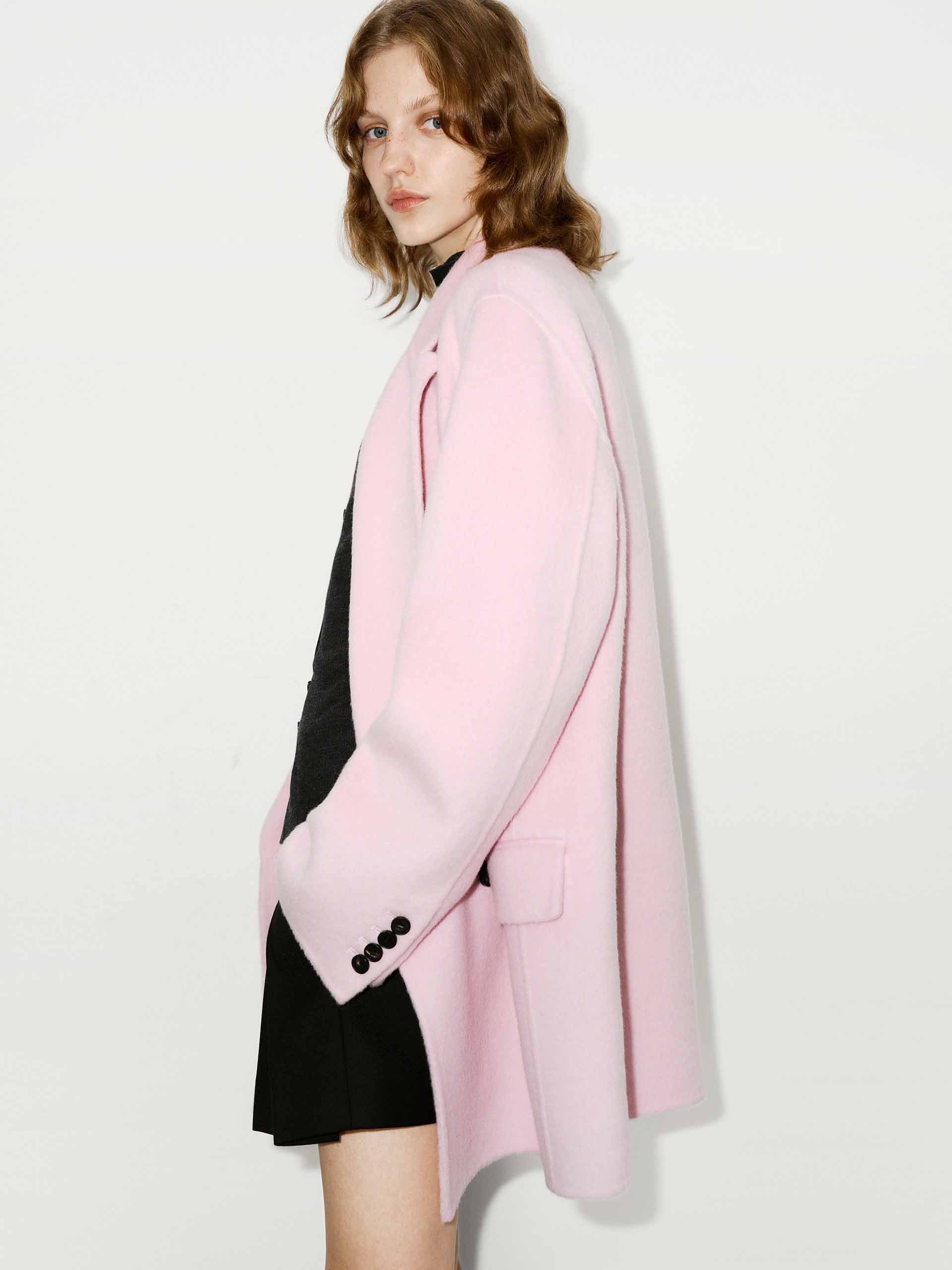 MO&Co. Women's Tailored Double Breasted Peak Lapel Wool Blend Midi Coat in Baby Pink