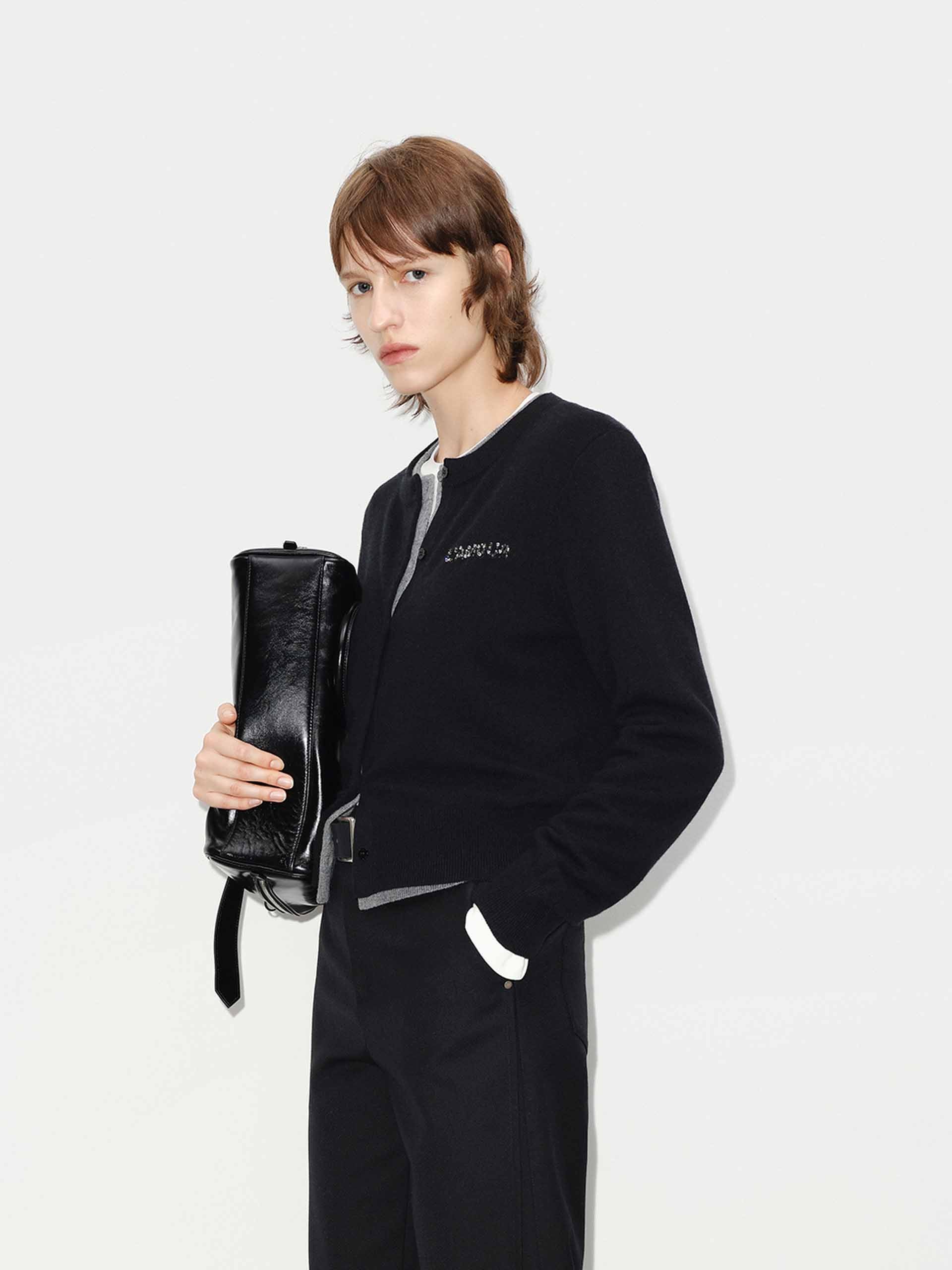 MO&Co. Women's Wool and Cashmere Blend Sequin Detail Regular Cardigan in Black