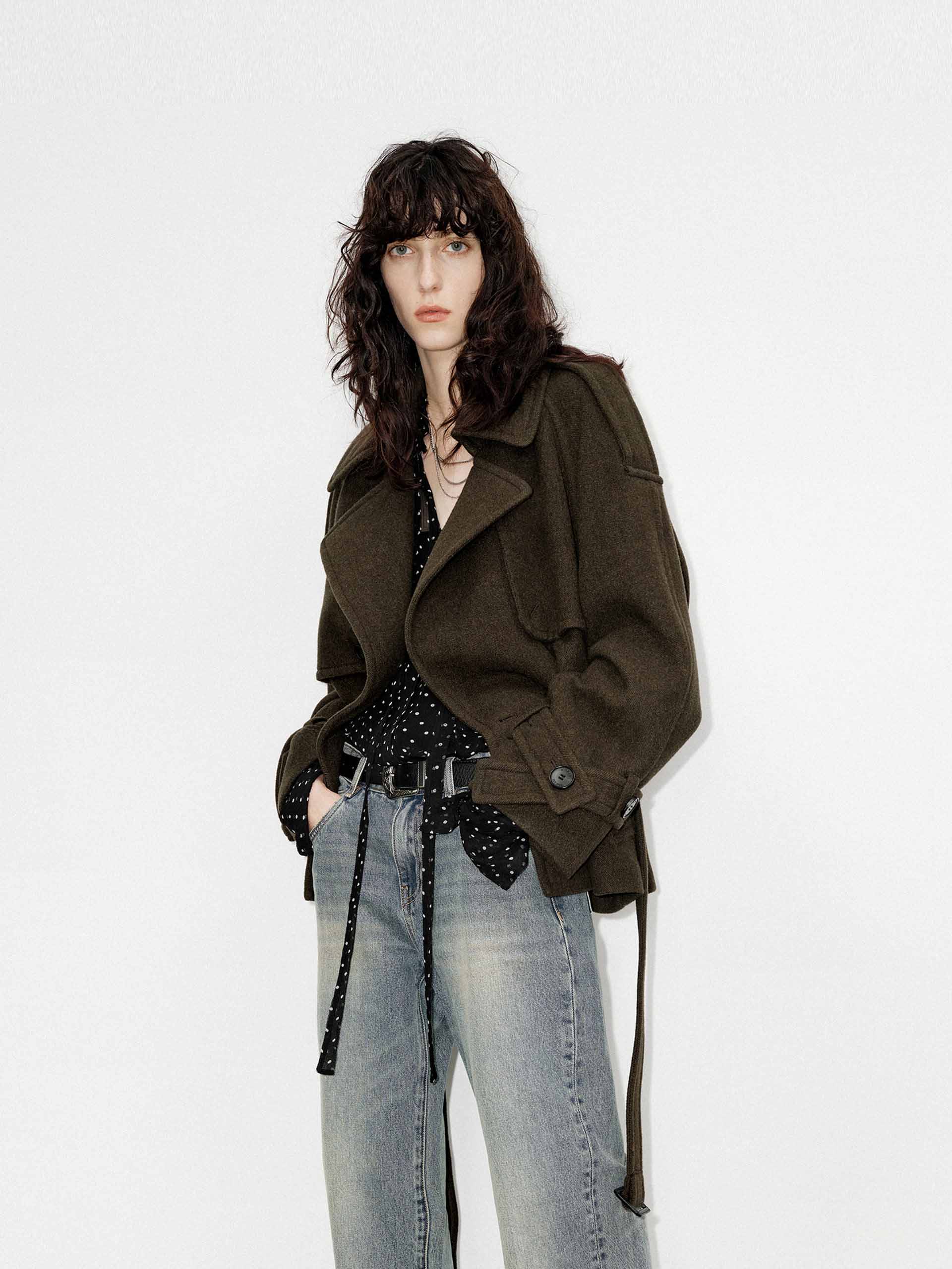 MO&Co. Women's 100% Merino Wool Notch Lapel Belted Short Coat in Olive