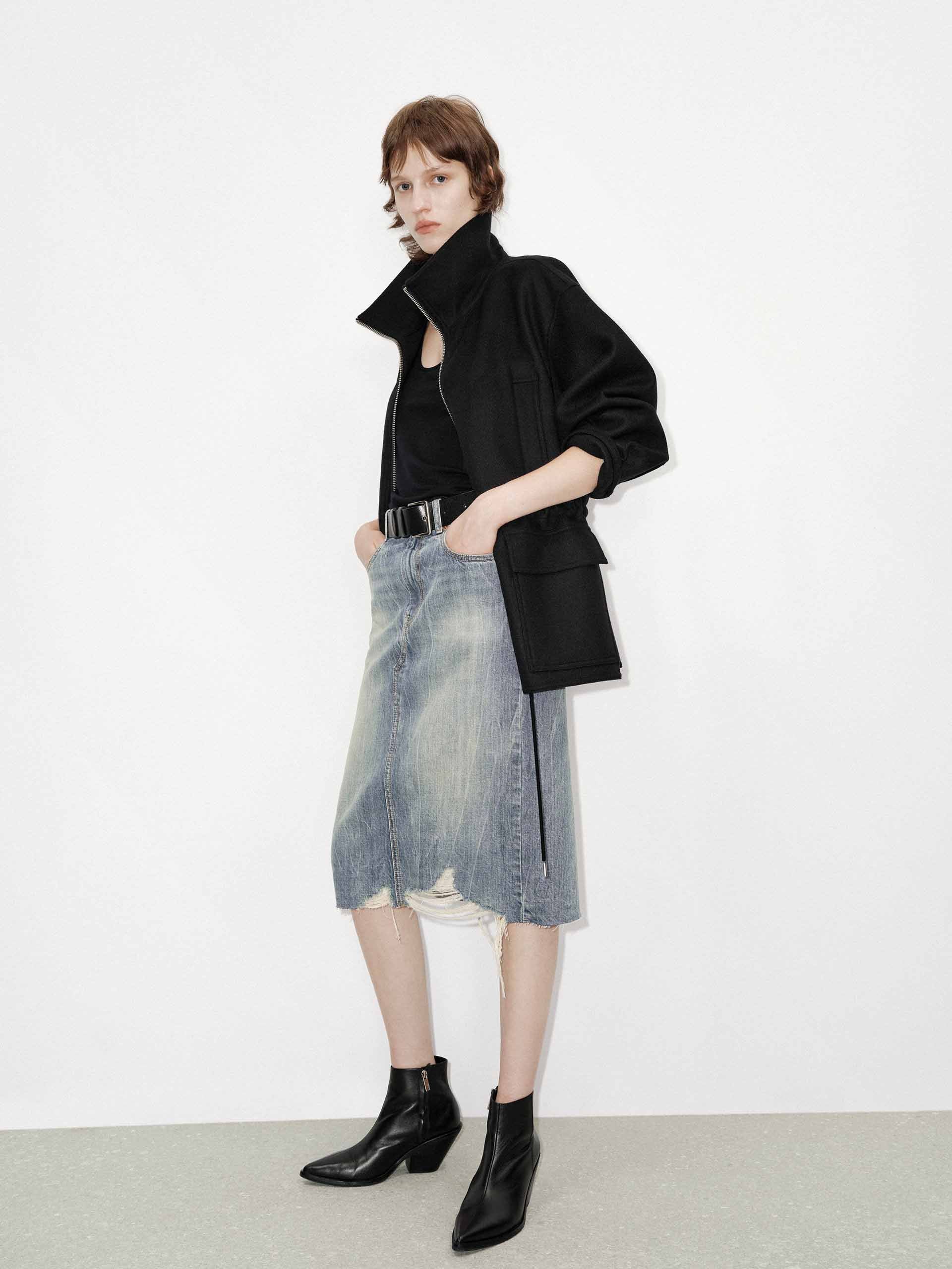 MO&Co. Women's Drawstring Waist 100% Wool Zipper Jacket in Black